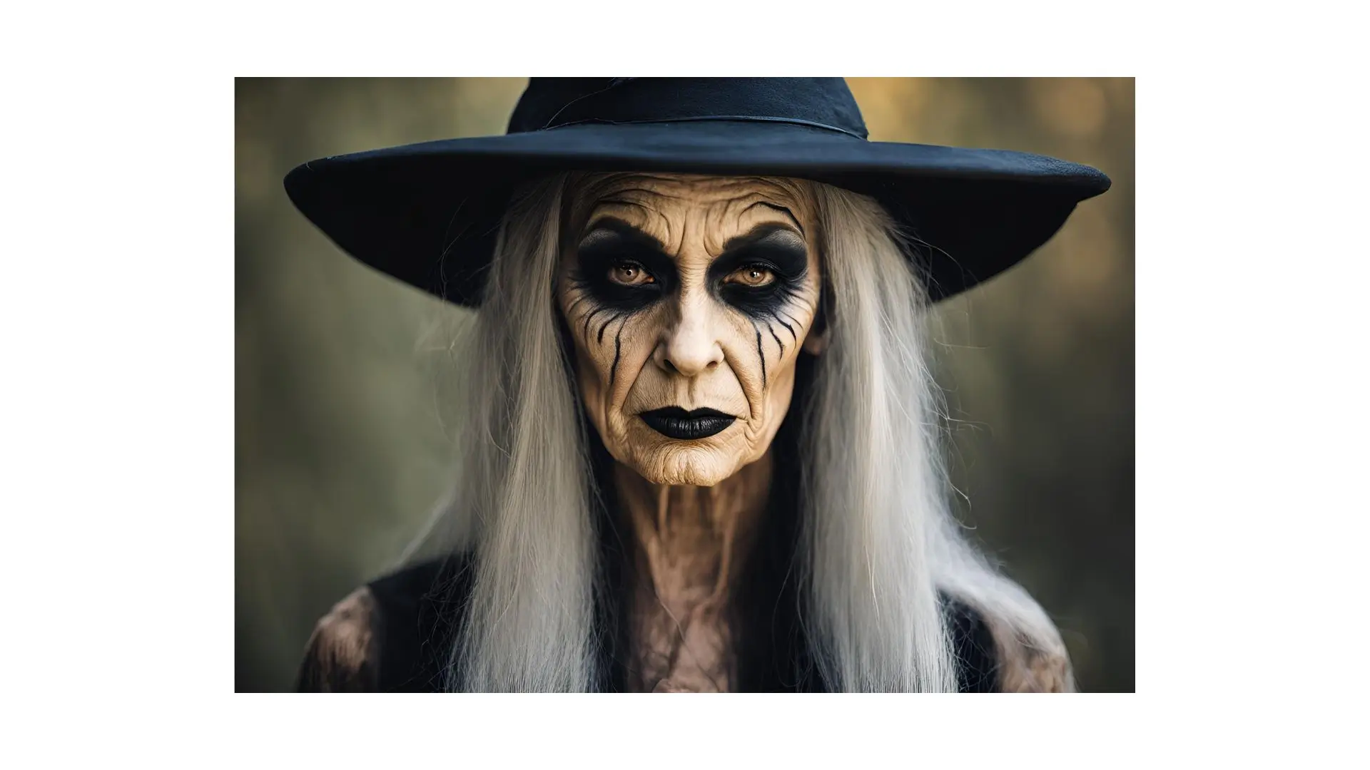 A woman with long white hair and striking black makeup, exuding a bold and captivating presence.