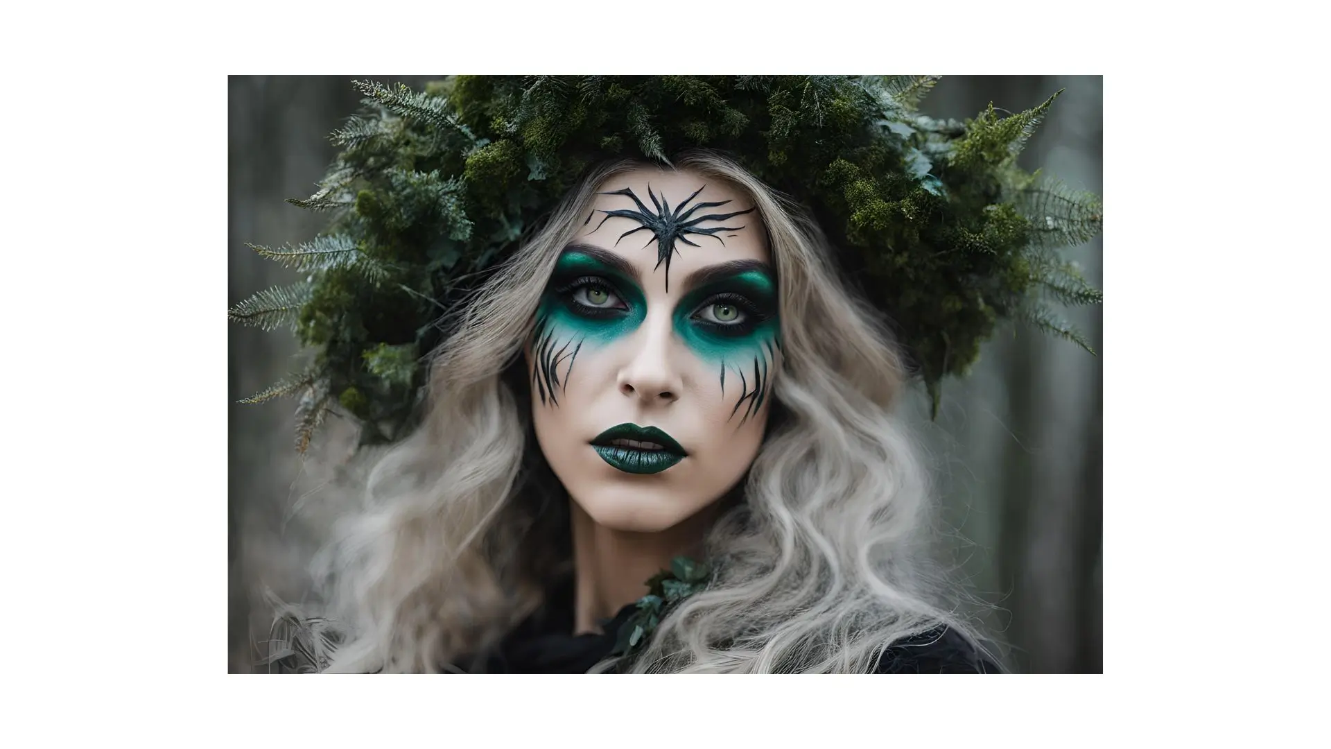 A woman adorned with vibrant green makeup and a floral wreath elegantly placed on her head.