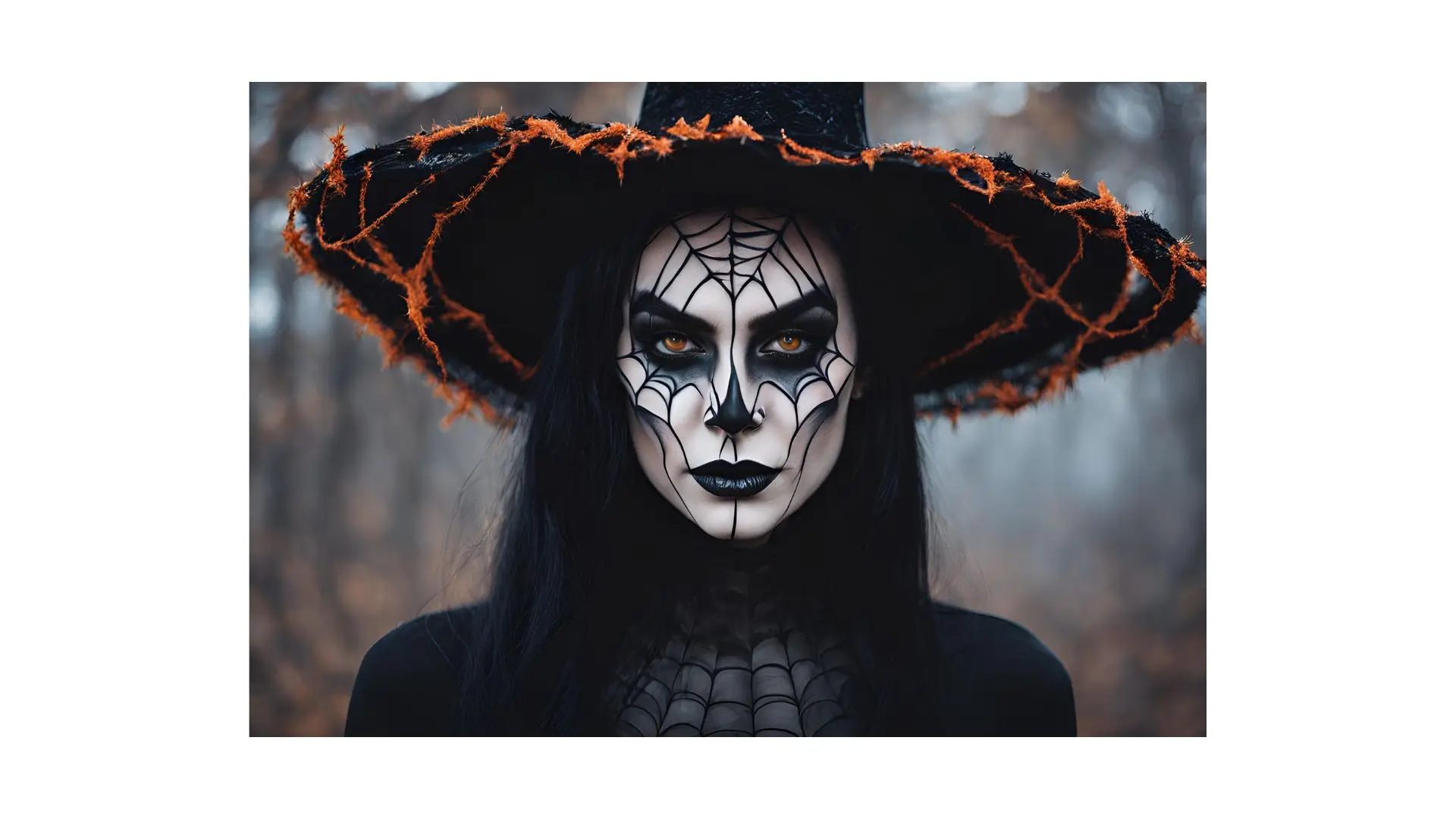 A woman wearing a witch hat with intricate spider makeup on her face, showcasing a spooky Halloween look.