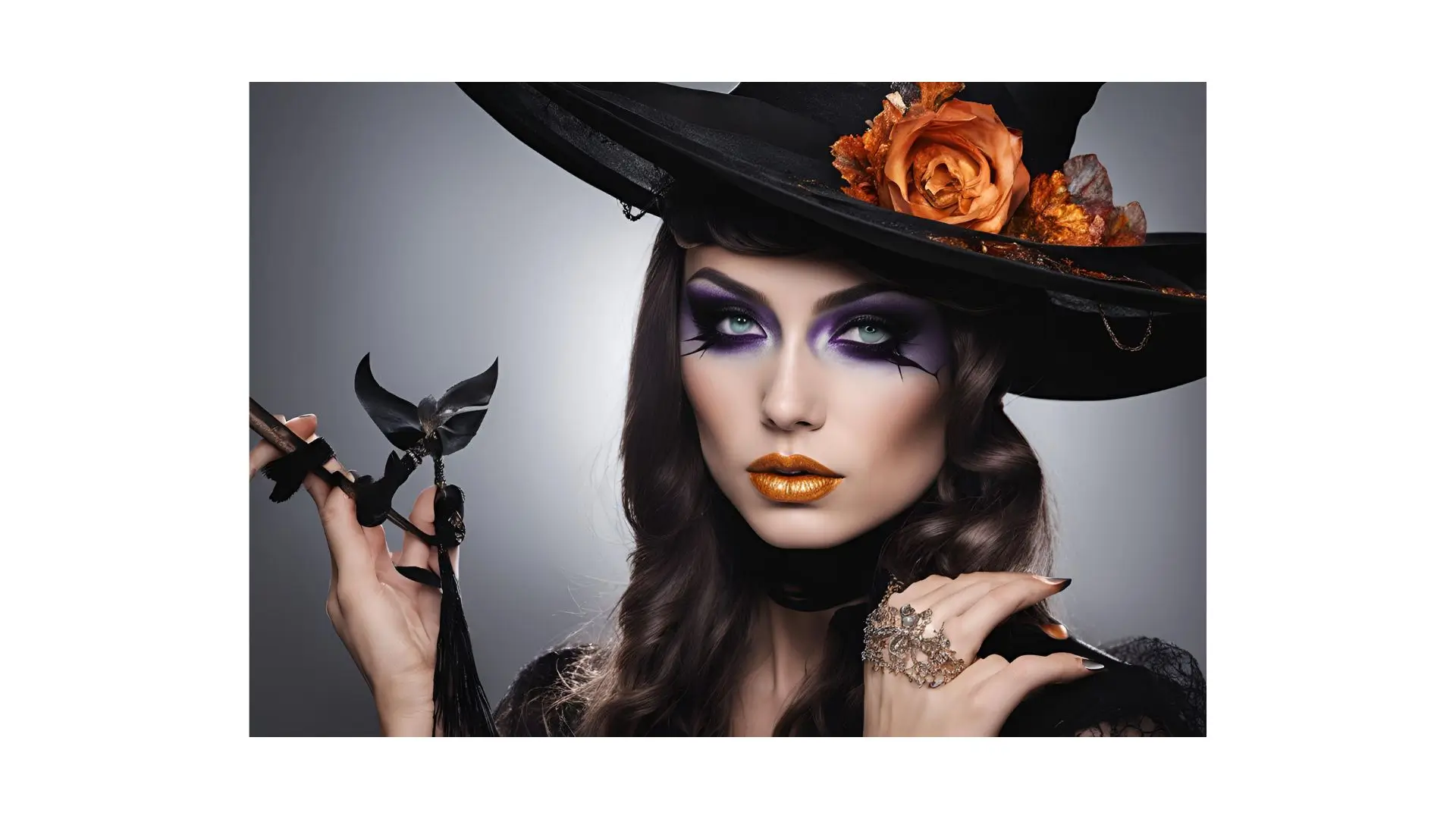 A woman wearing a witch hat and makeup, confidently holding a broom, embodying a festive Halloween spirit.