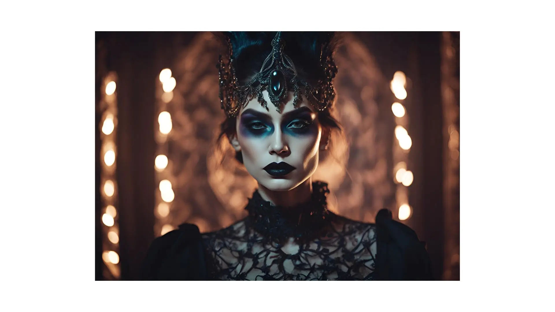 A woman wearing striking black makeup and an elegant crown, exuding confidence and regal beauty.