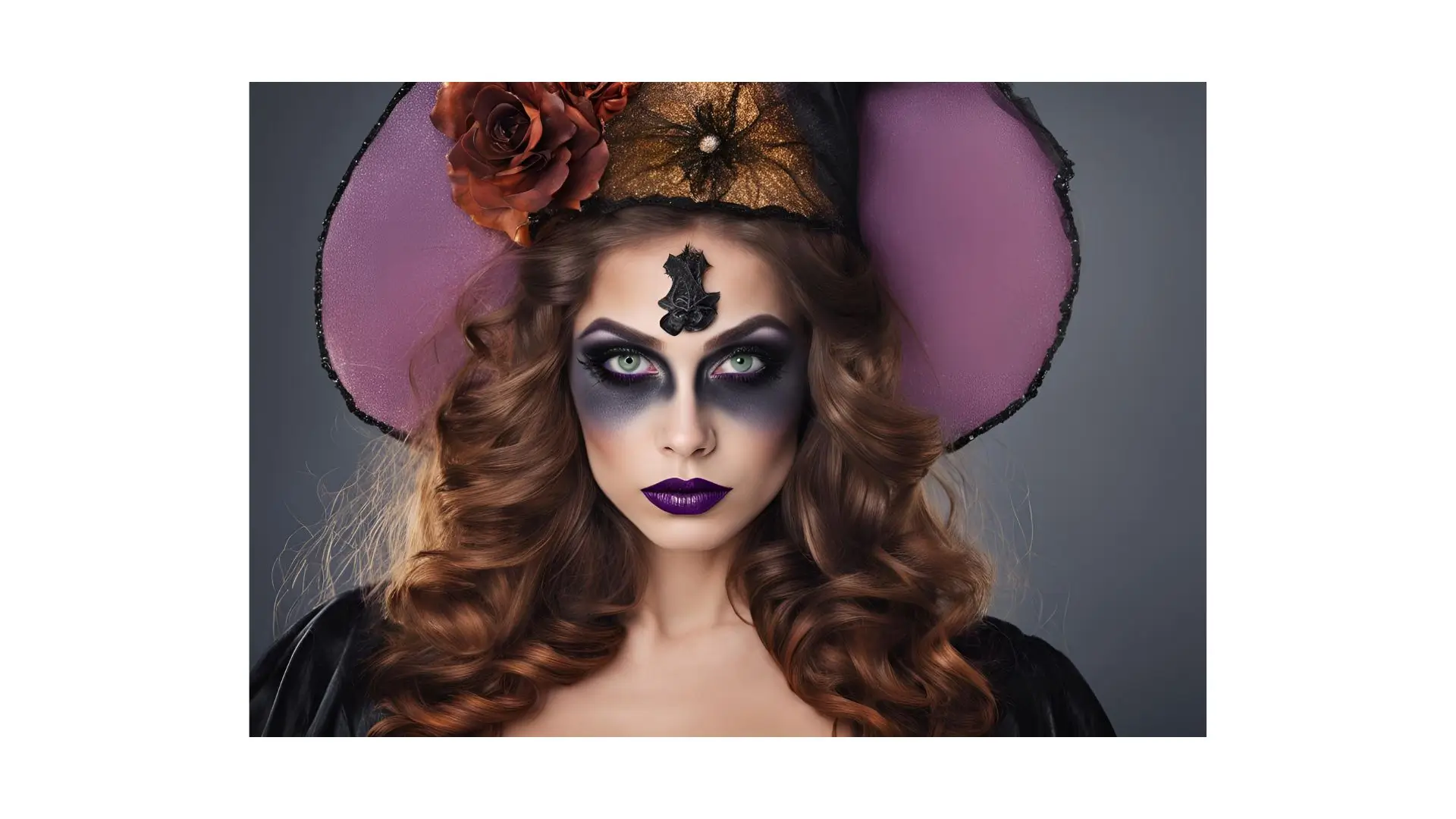 A beautiful woman wearing Halloween makeup and a stylish hat, showcasing a festive and creative look for the holiday.