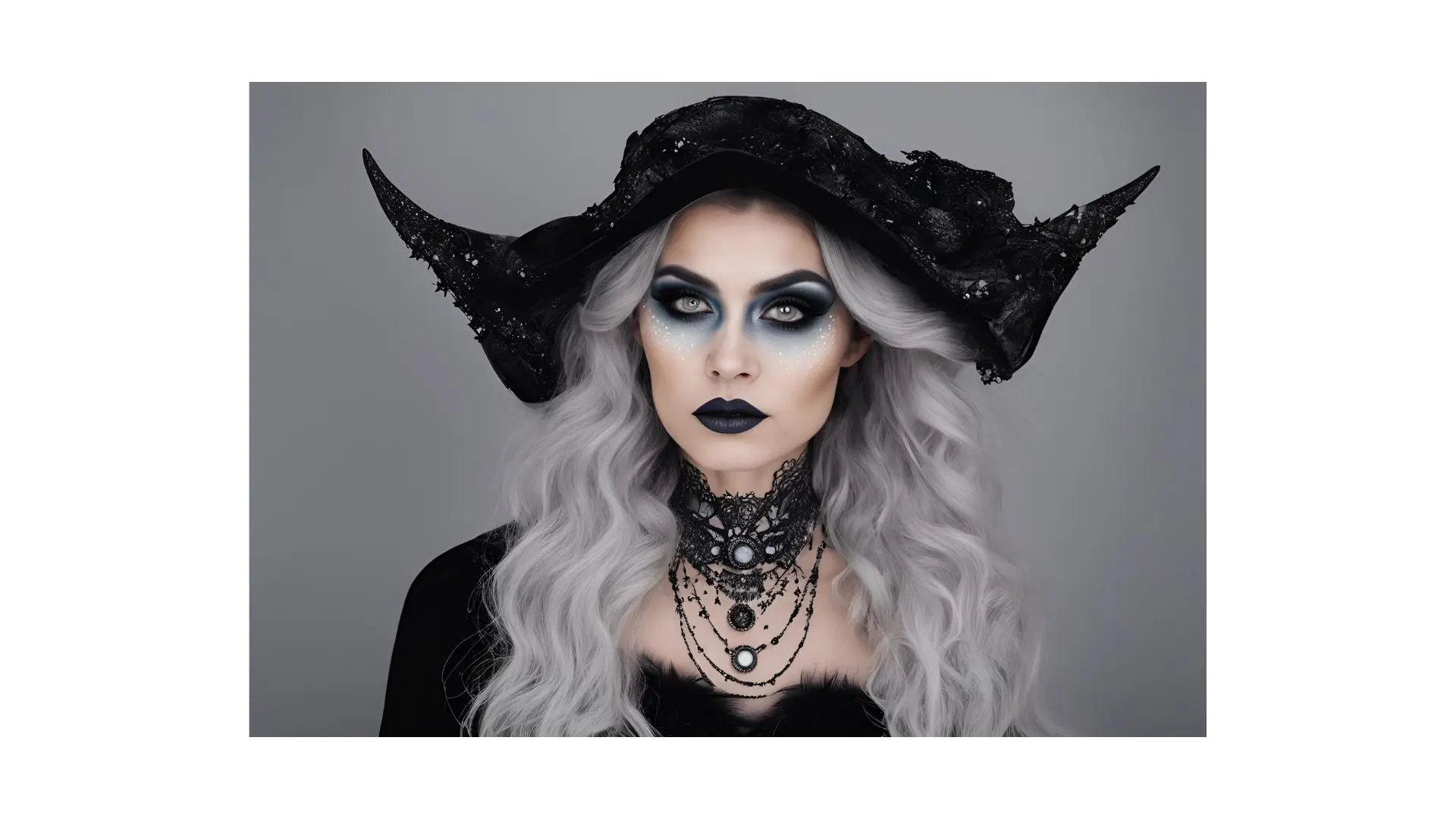 A woman with long white hair and striking black makeup, exuding a bold and captivating presence.