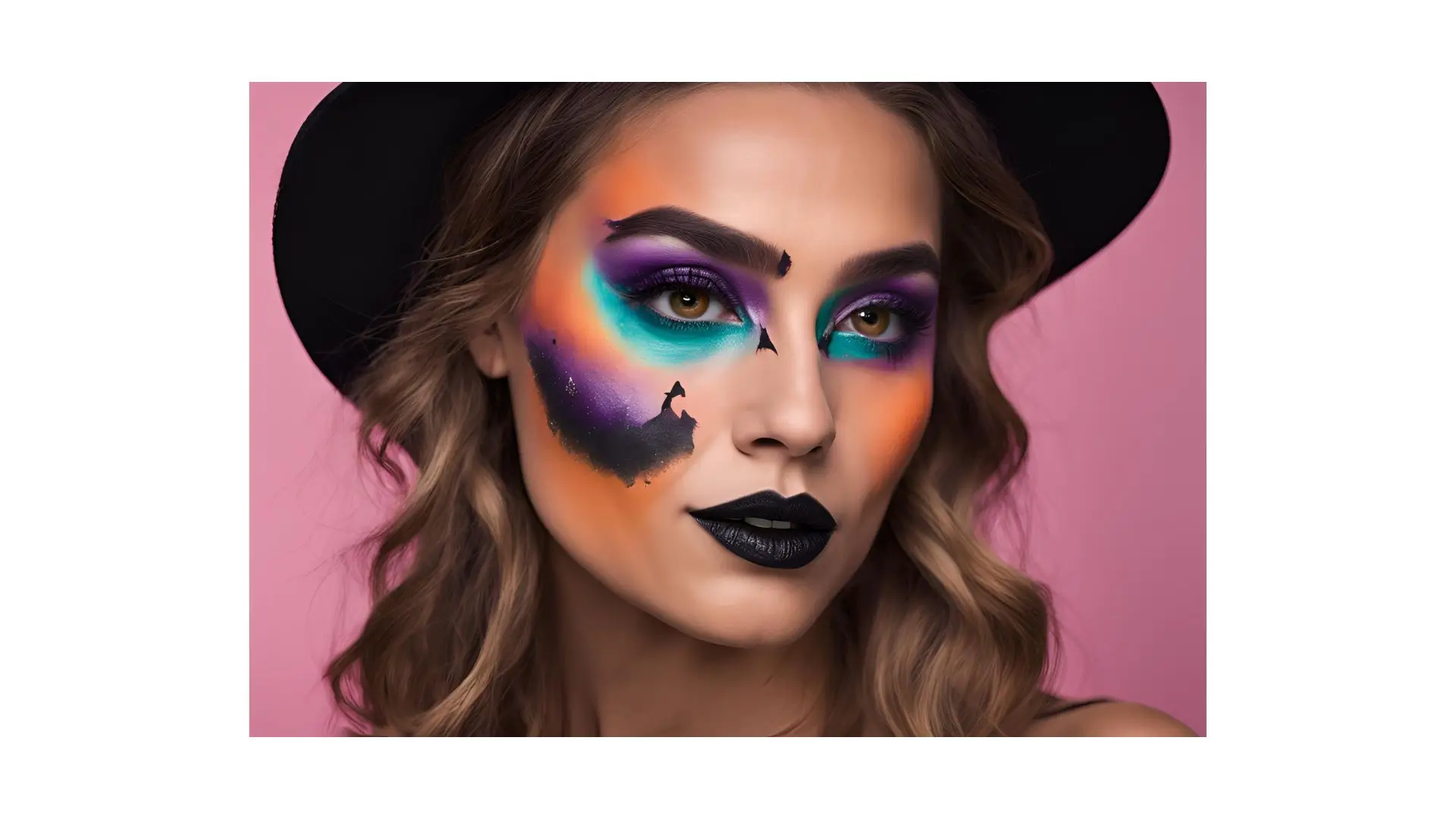 A woman wearing a vibrant hat and colorful makeup, showcasing her artistic style and personality.‍