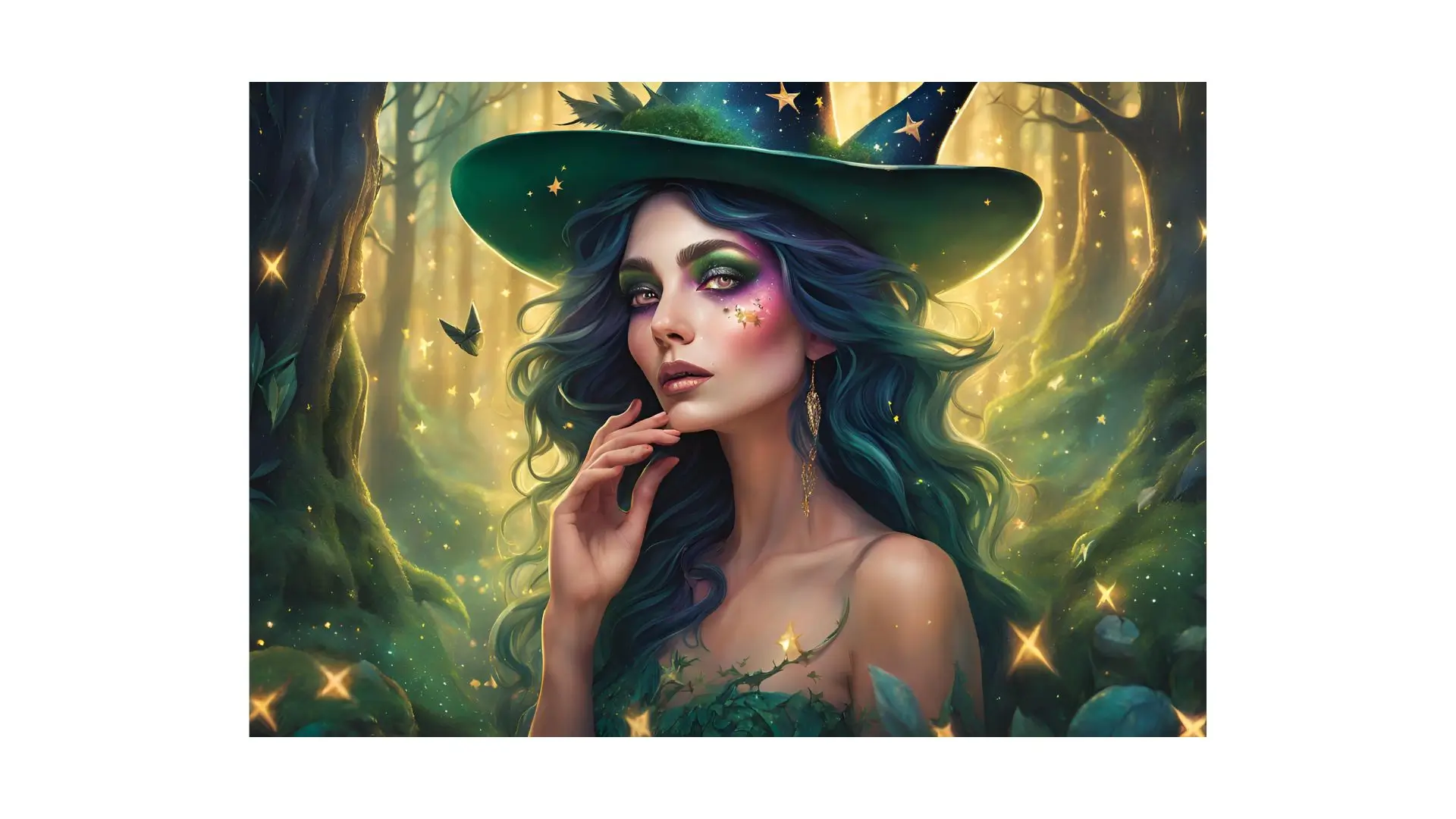 A woman with vibrant green hair wearing a stylish witch hat, exuding a magical and enchanting aura.