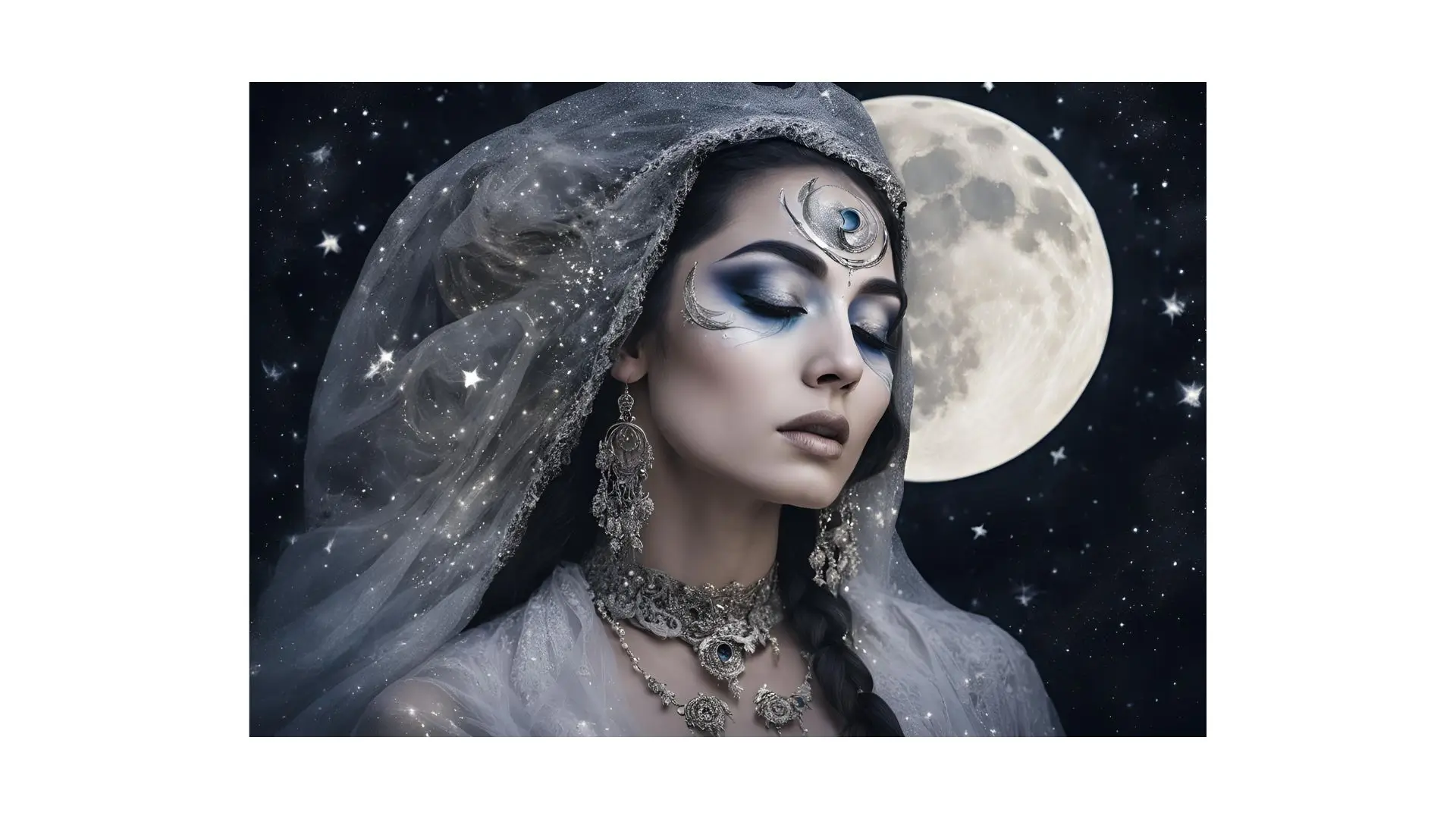 A woman with striking blue makeup and a delicate veil stands gracefully in front of a luminous moon.