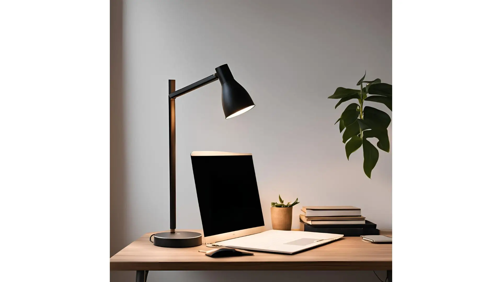A desk lamp illuminating a laptop placed on a wooden desk, creating a cozy workspace atmosphere.