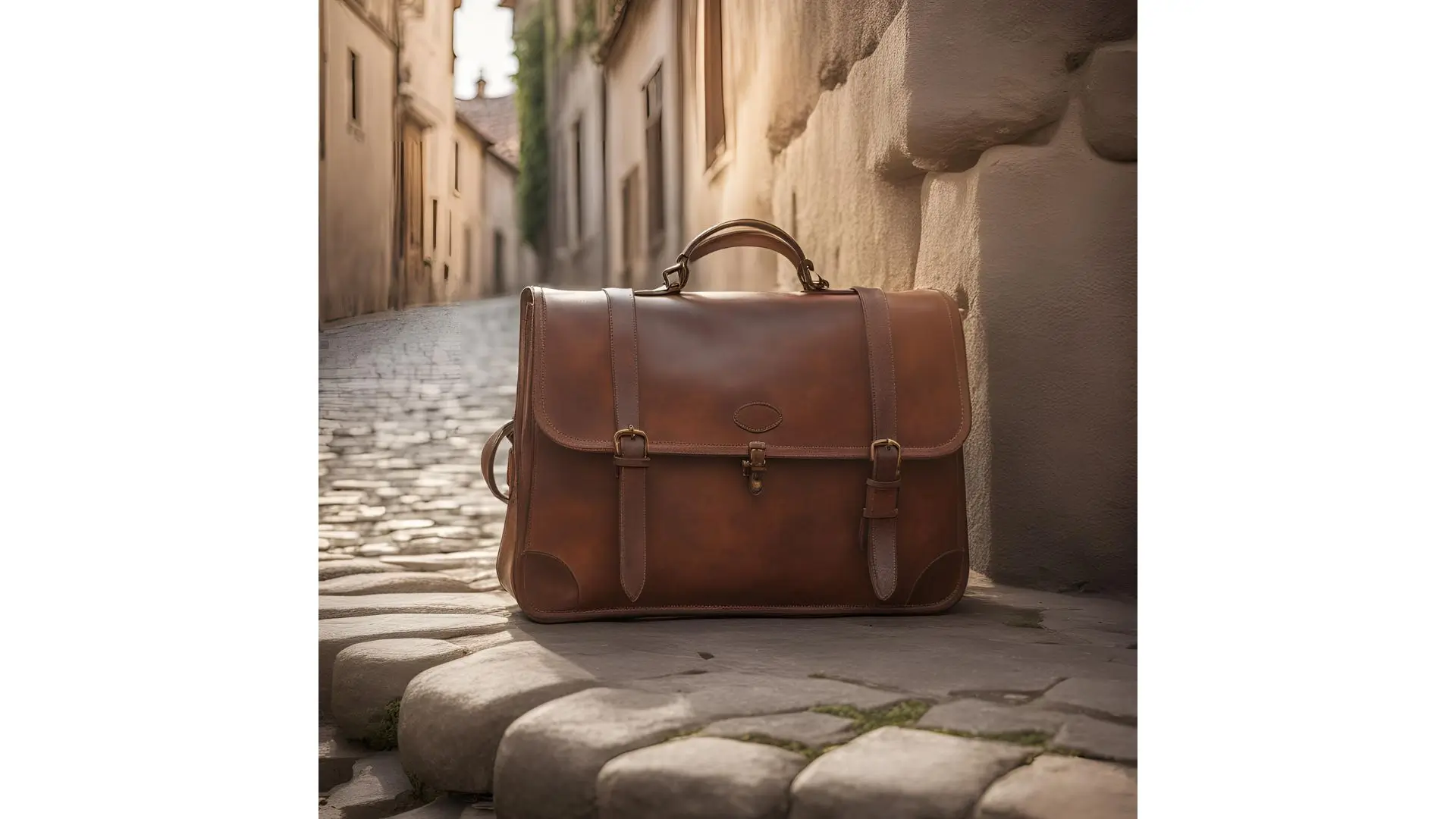 A brown leather backpack rests on a cobblestone street, showcasing its texture against the rustic pavement.