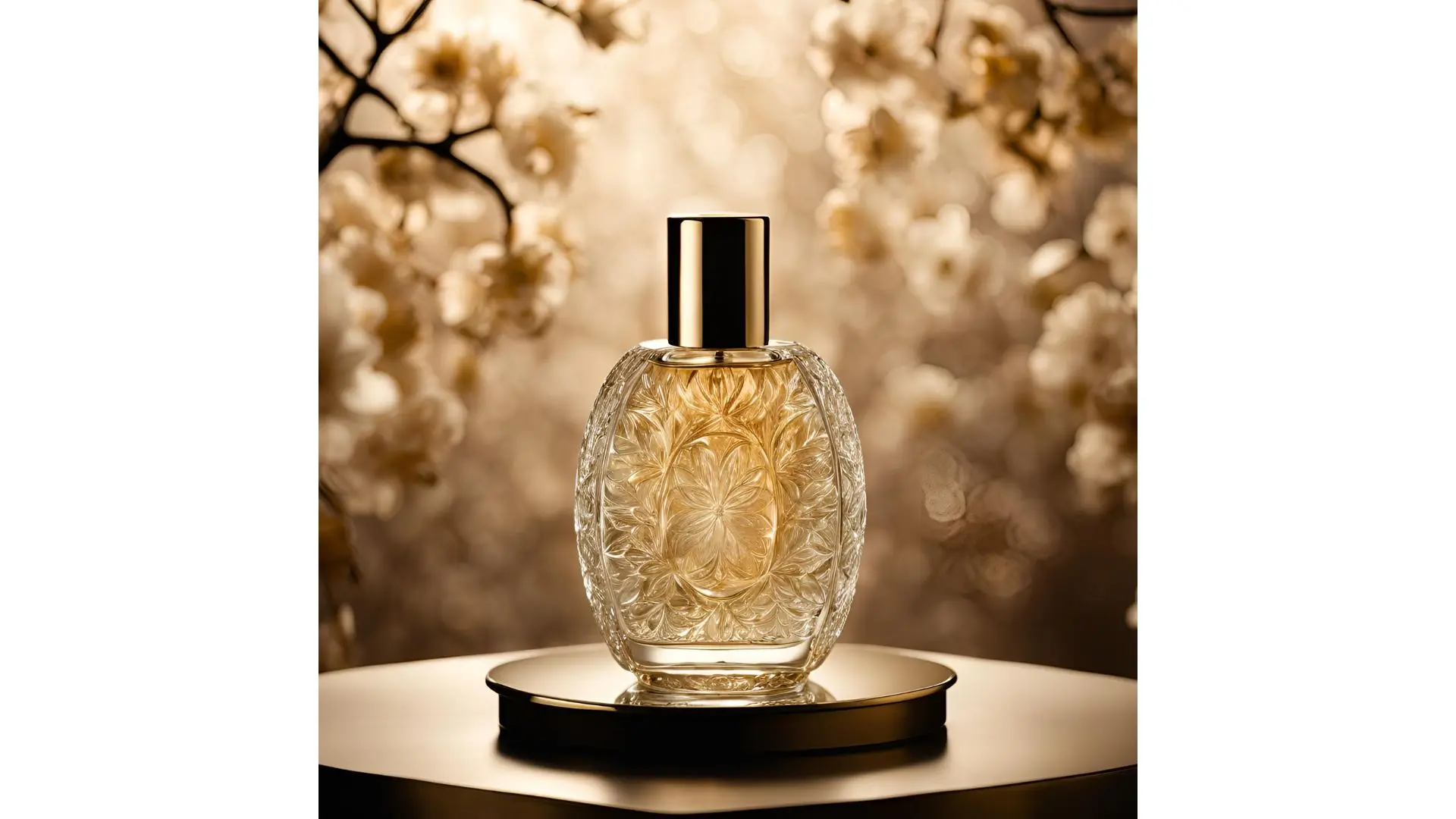 A bottle of perfume elegantly placed on a table, surrounded by vibrant flowers in the background.