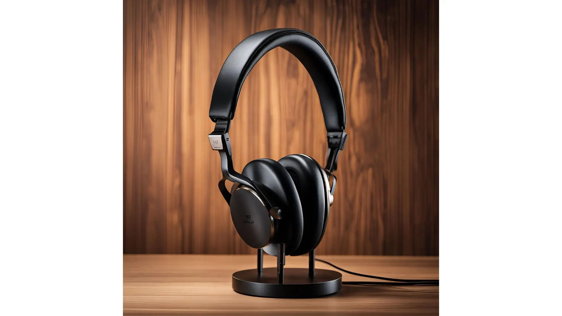 A pair of sleek headphones resting on a polished wooden table, showcasing a modern design and natural texture.