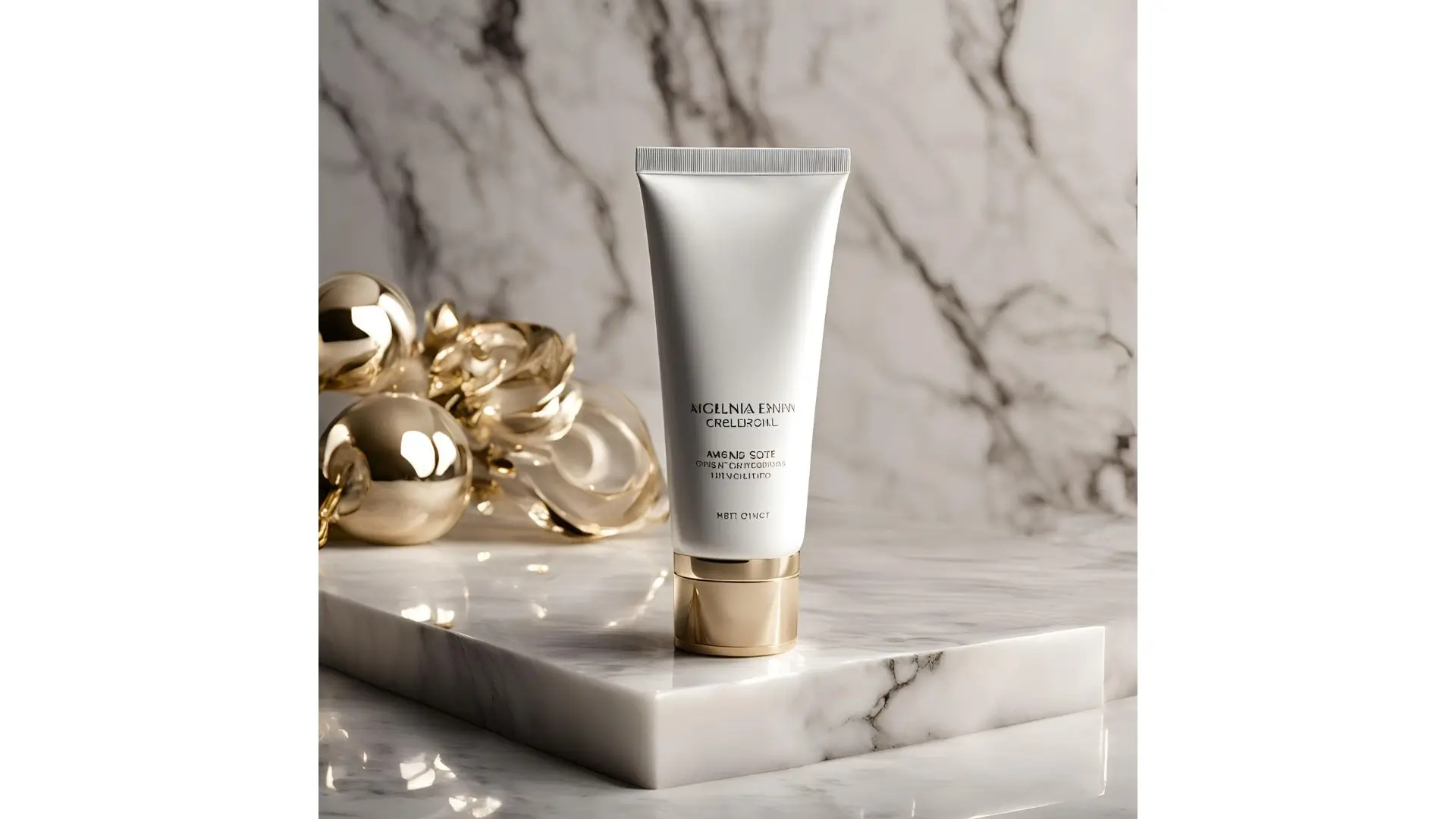 A skin care cream jar elegantly placed on a polished marble table, showcasing its luxurious design and texture.