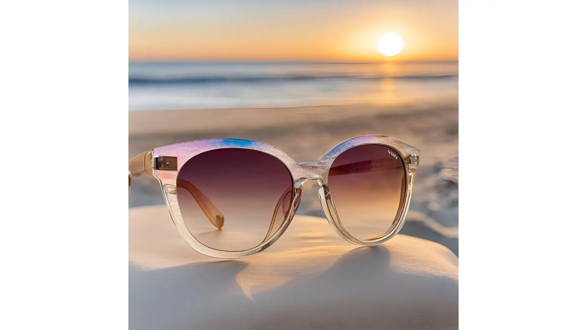 A pair of stylish sunglasses resting against a vibrant sunset backdrop, showcasing warm hues of orange and pink.