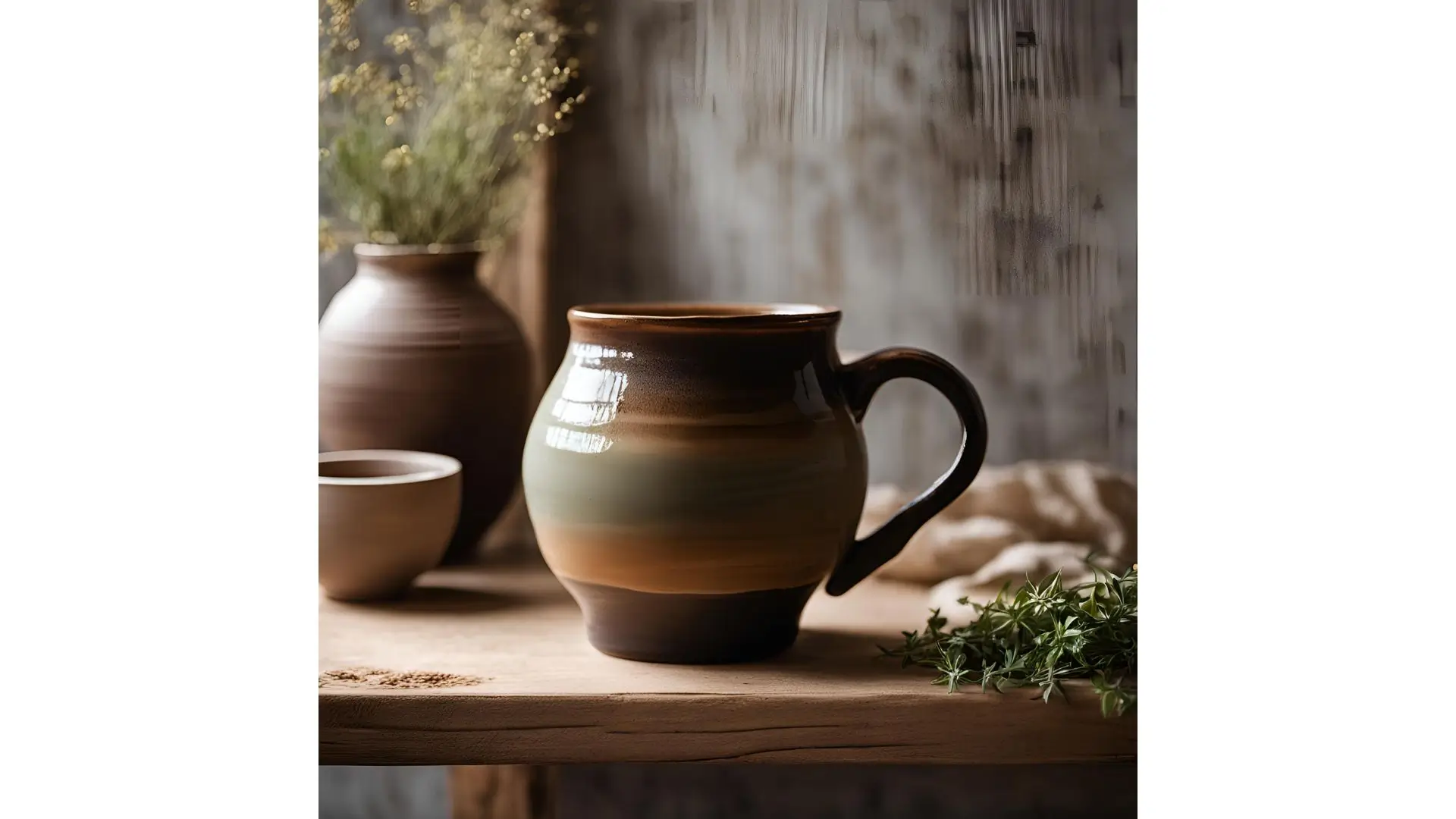 A brown and green jug elegantly placed on a wooden table, showcasing its unique design and colors.
