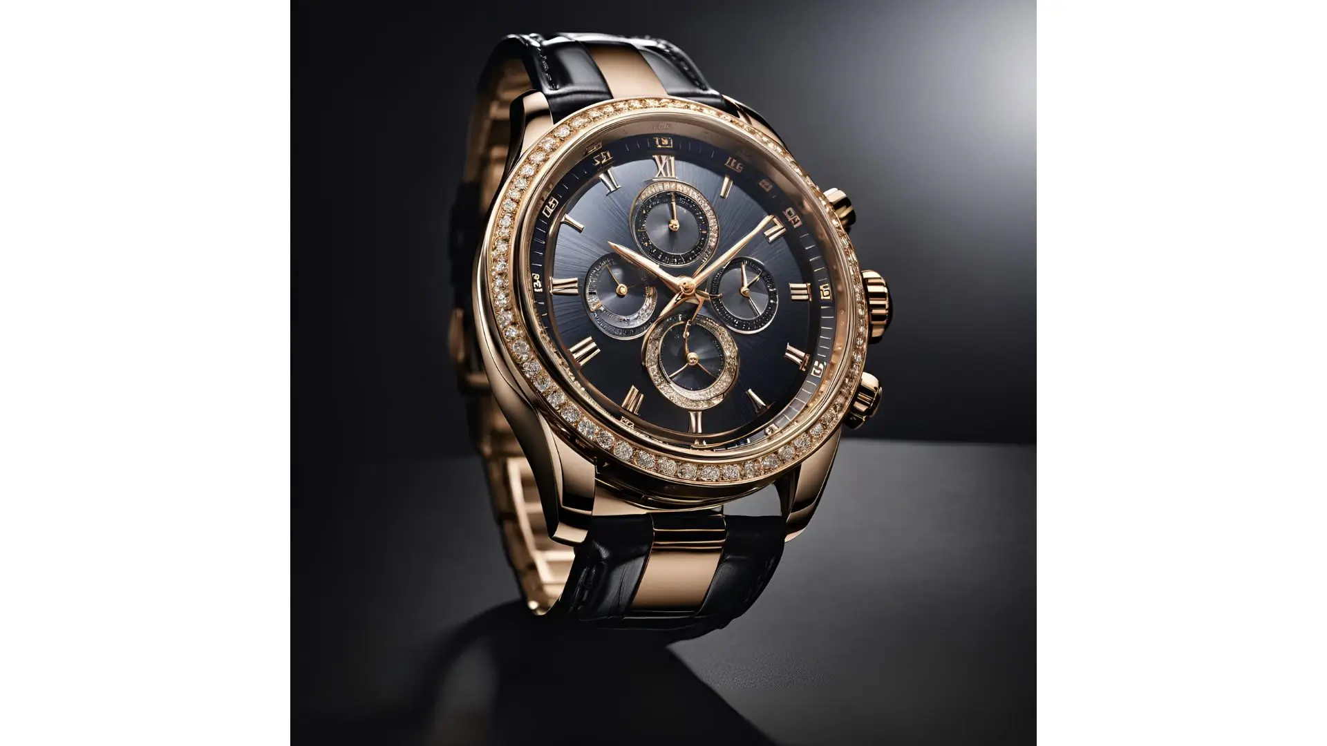 A stylish watch featuring a rose gold case and black dial, showcasing elegance and sophistication in design.