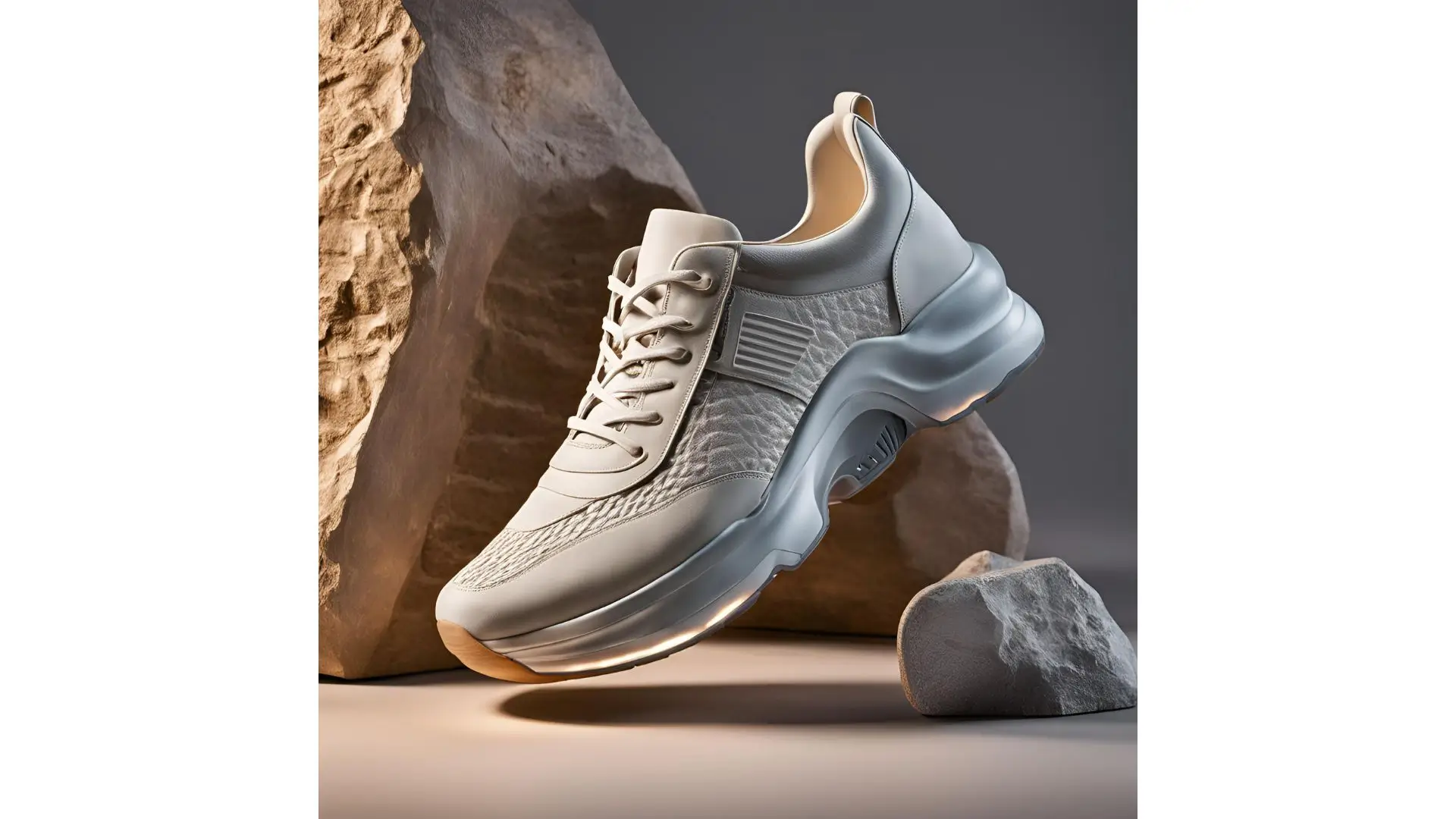 A pair of sneakers resting on a rugged rock surface, showcasing their vibrant design against a natural backdrop.