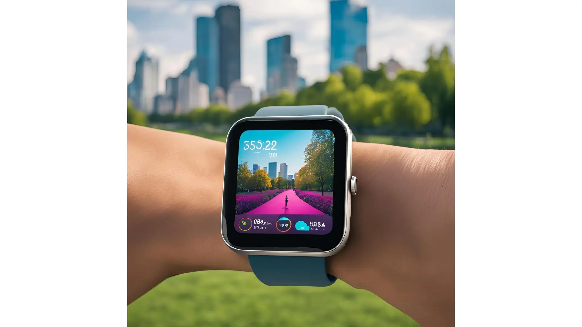 A person wearing a smart watch stands against a city skyline, showcasing technology amidst an urban backdrop.