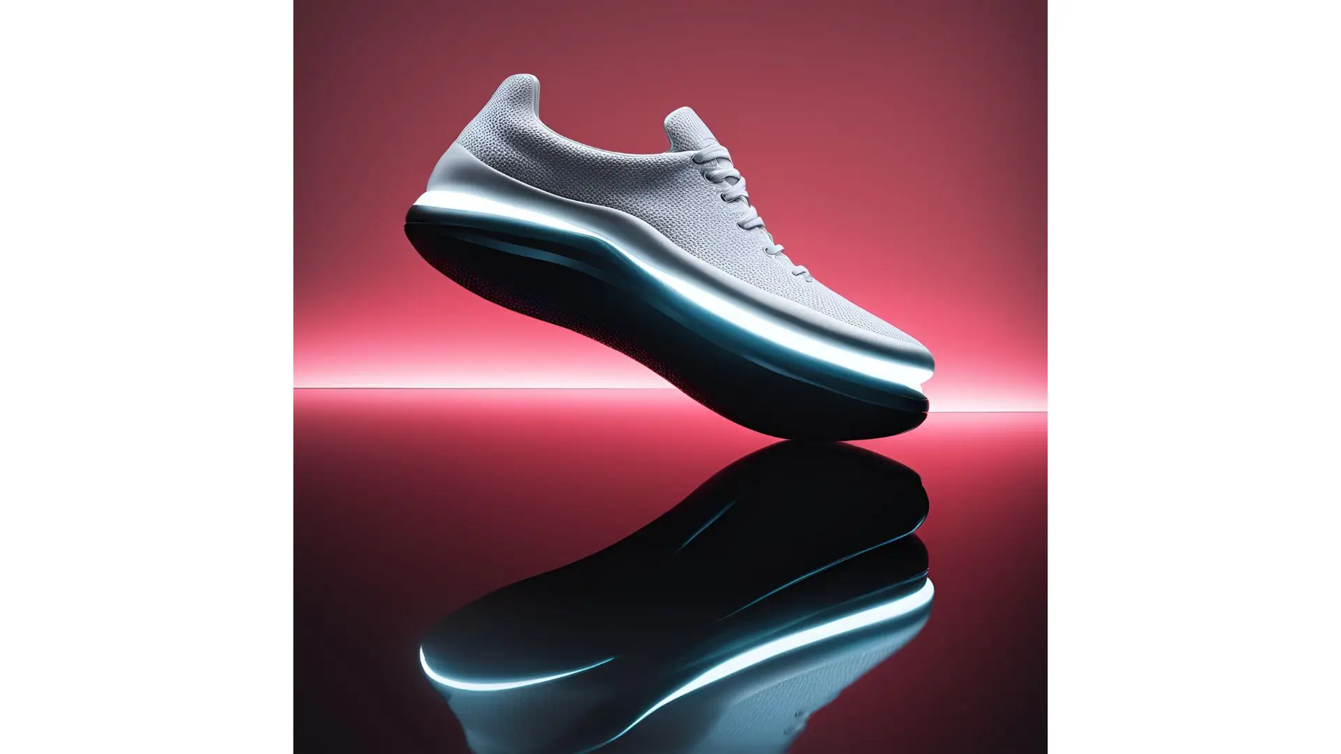  A white shoe with a shiny, reflective surface set against a vibrant red background.