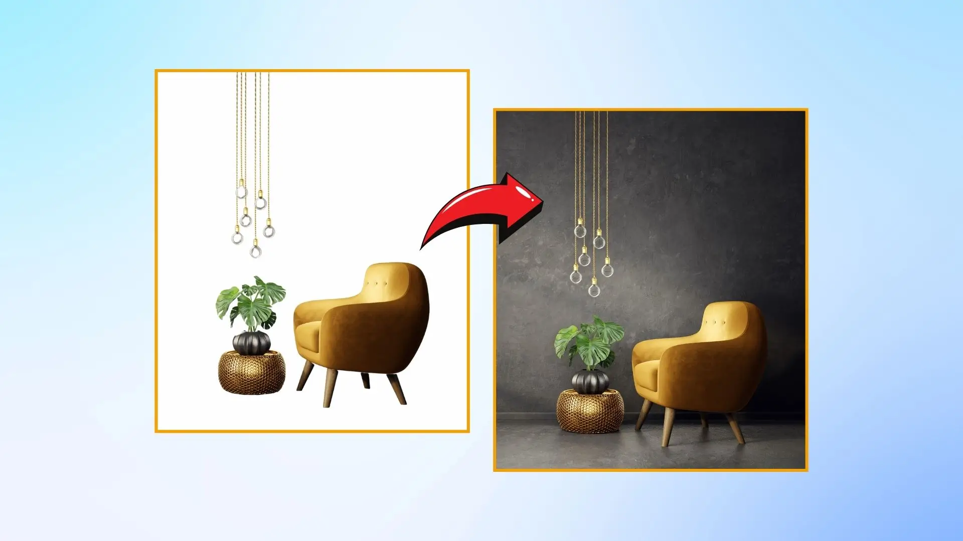 A yellow chair beside a green plant, set against a vibrant blue background.