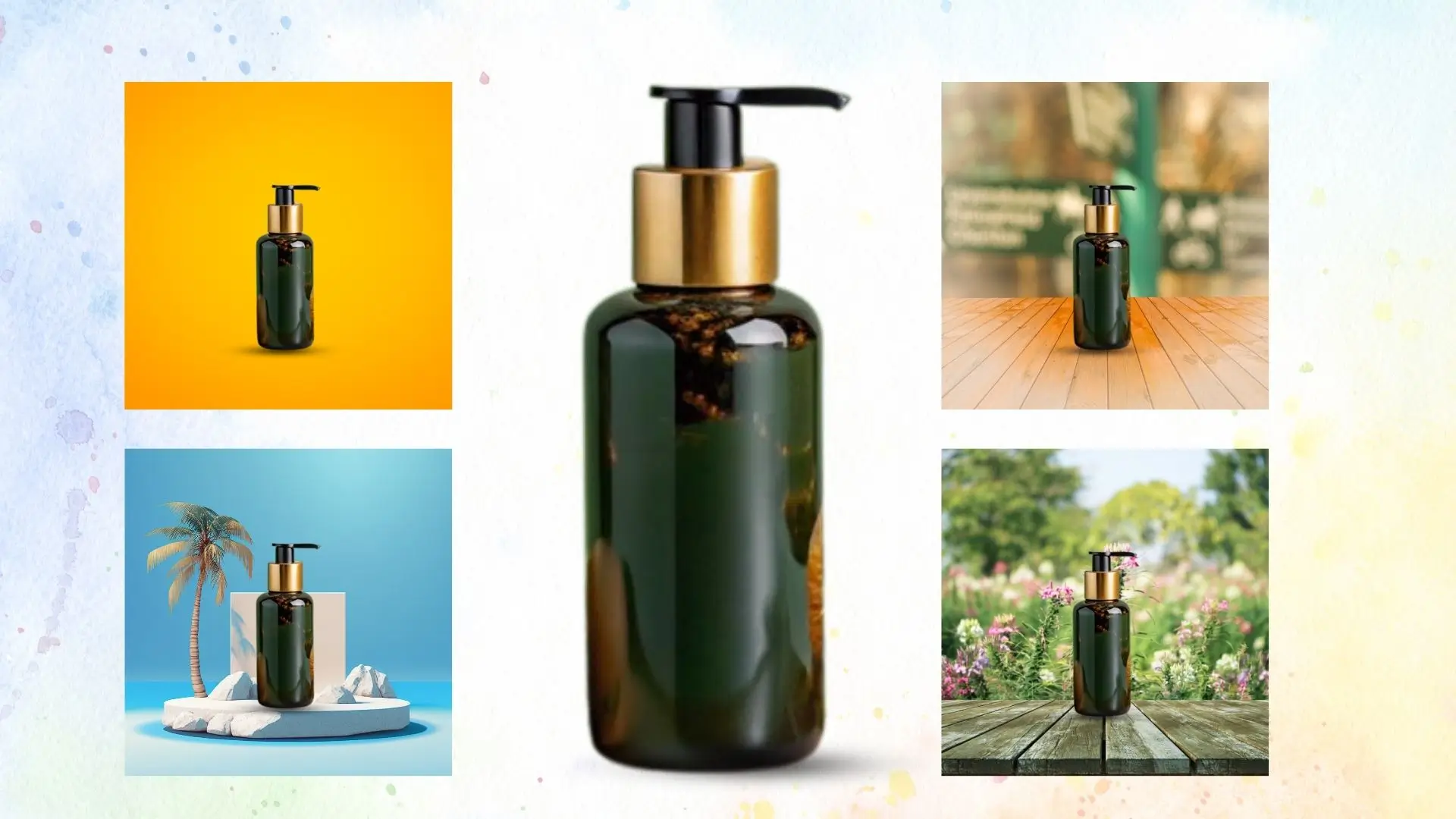 A bottle of liquid soap featuring a gold pump, set against a backdrop of a palm tree.