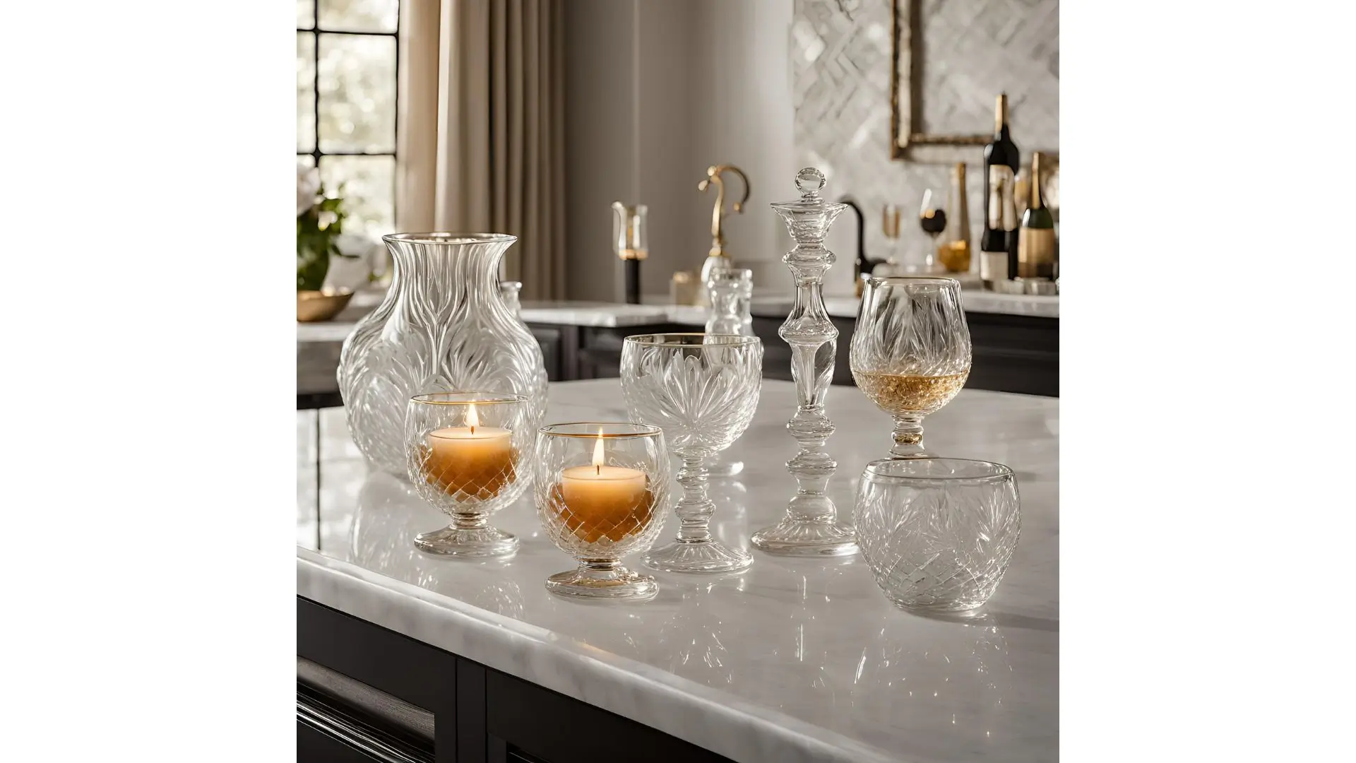 A kitchen counter adorned with elegant glass vases and softly glowing candles, creating a warm and inviting atmosphere.
