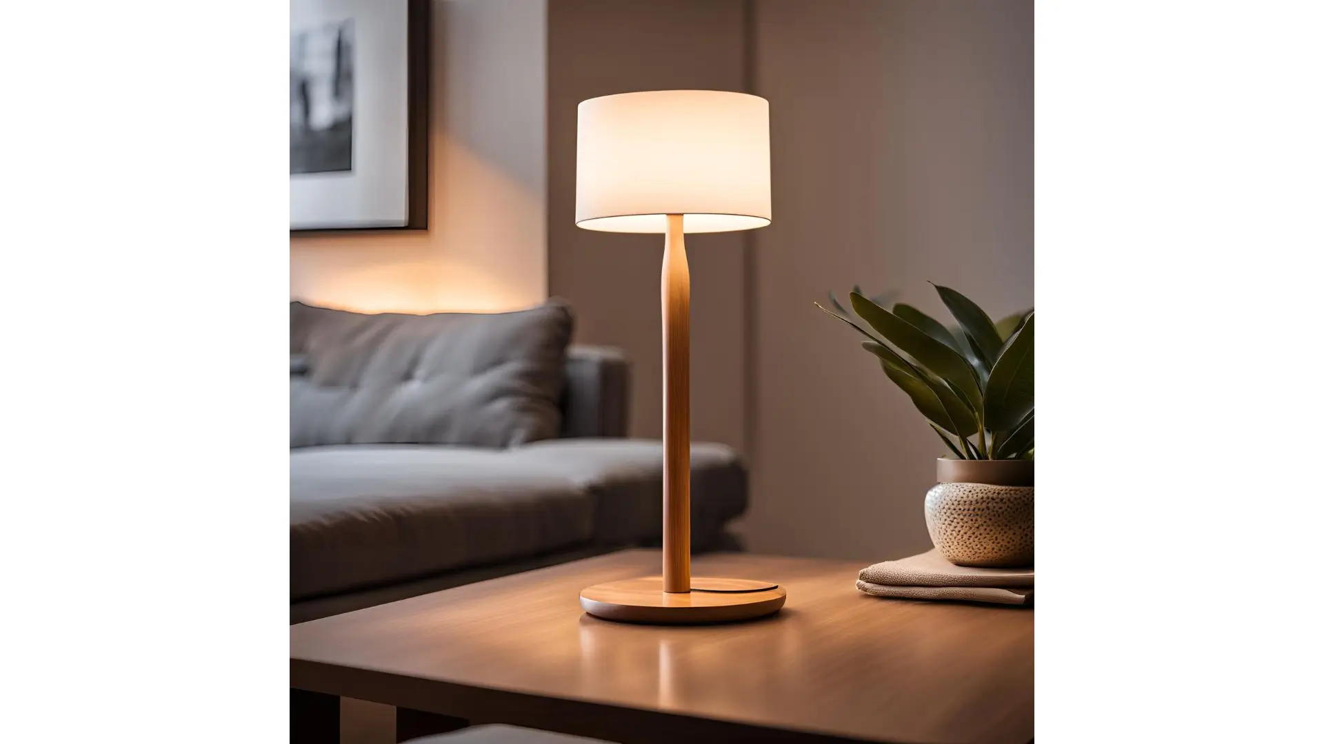 A stylish lamp illuminates a cozy table positioned in front of a comfortable couch.