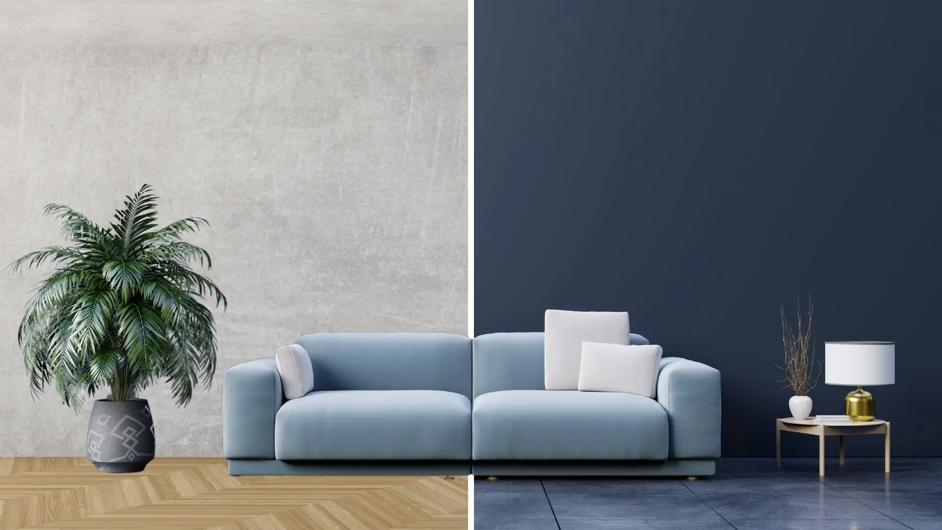 Two images of a living room featuring blue walls and a decorative plant, showcasing different angles and arrangements.