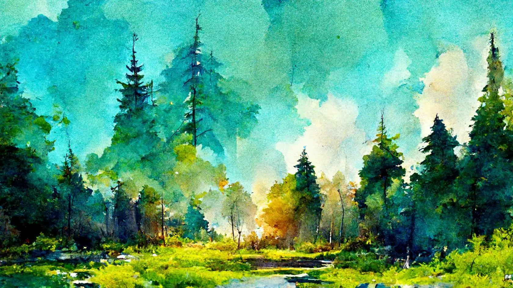 Watercolor painting depicting a serene forest scene with lush trees and a tranquil body of water.