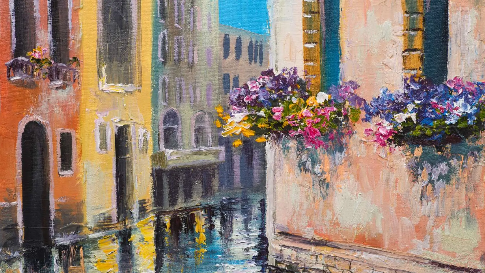 A vibrant painting of a Venice canal adorned with colorful flowers in the window boxes of charming buildings.
