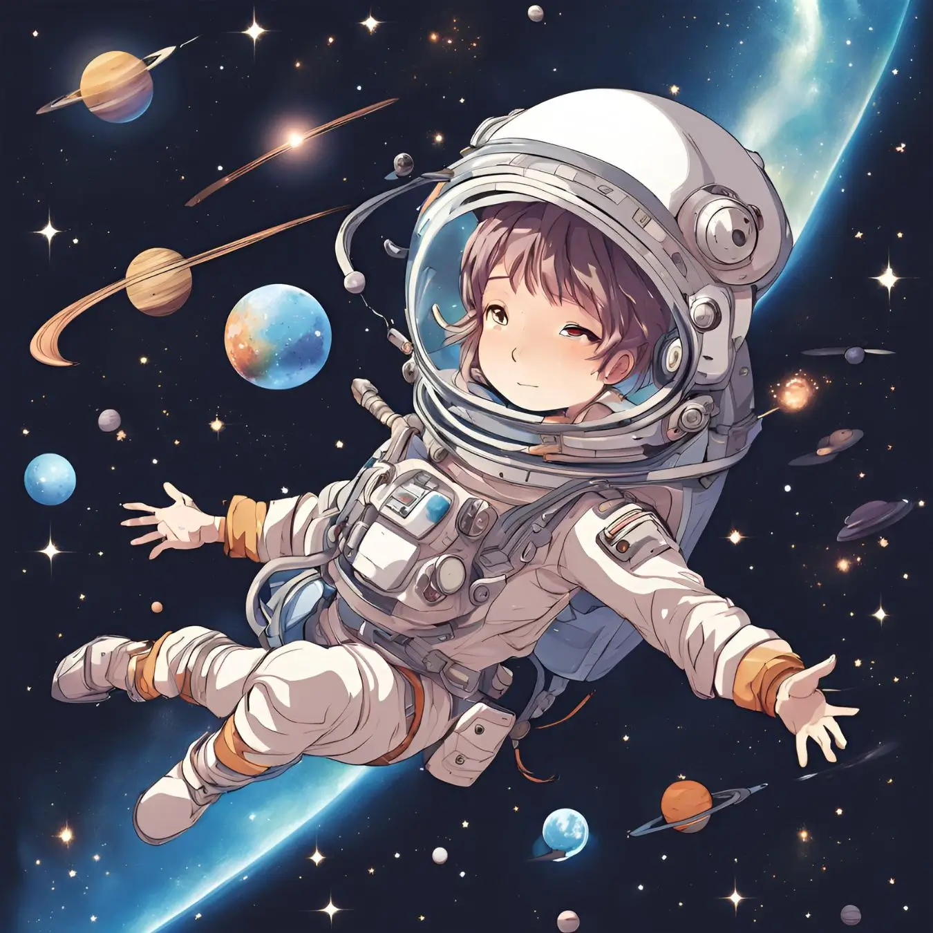 An animated girl in space wearing an astronaut suit.