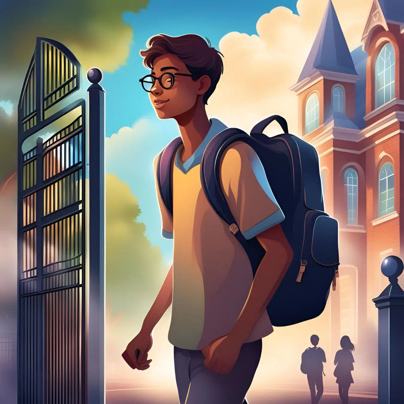 A sketch of a boy entering school with his bag.