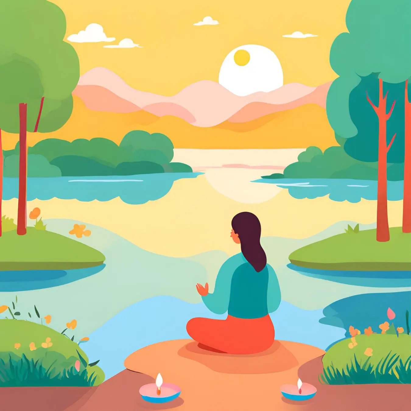 A drawing of a woman sitting by the lake.