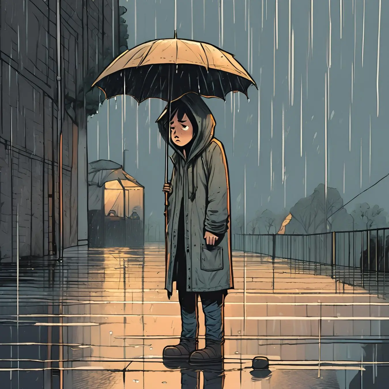 An animated boy standing in the rain holding an umbrella.