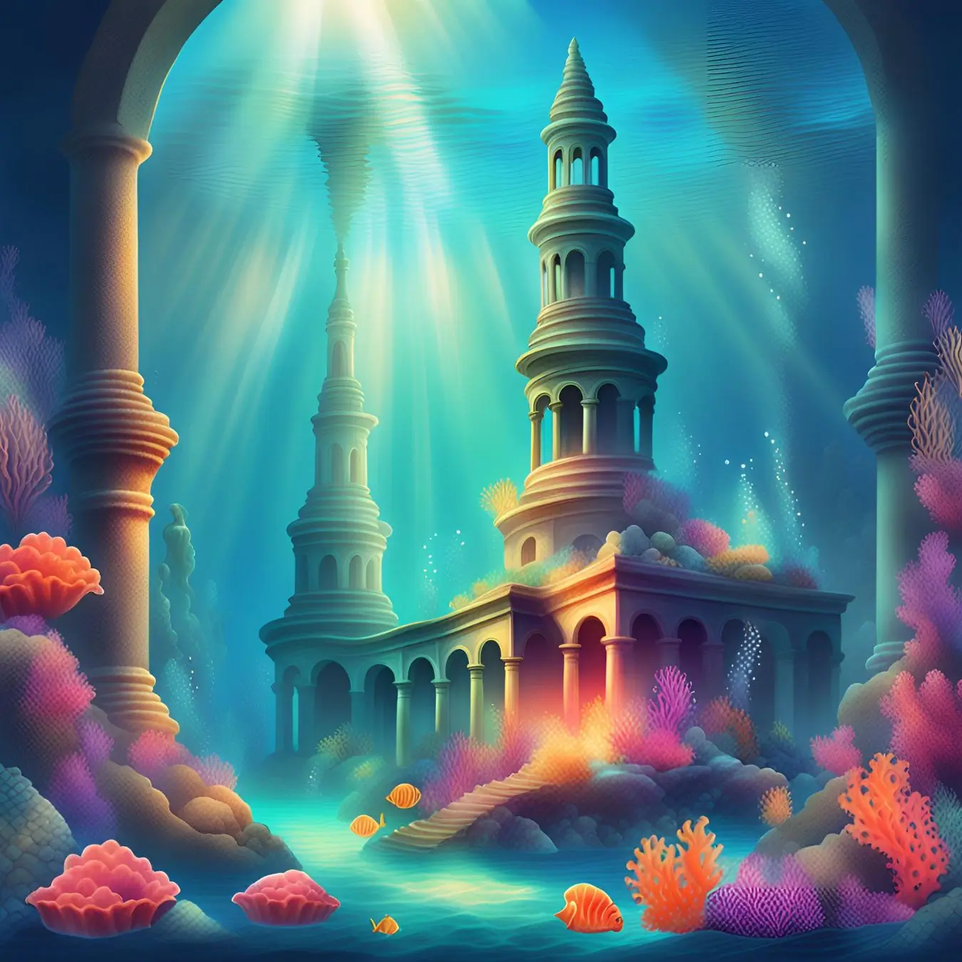 A digital image of a castle underwater.