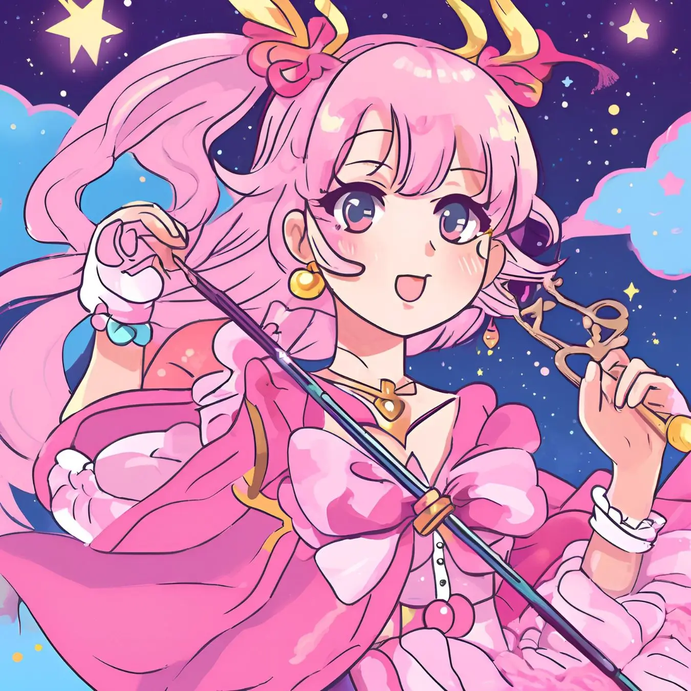 A girl with a pink dress and hair holding a wand.