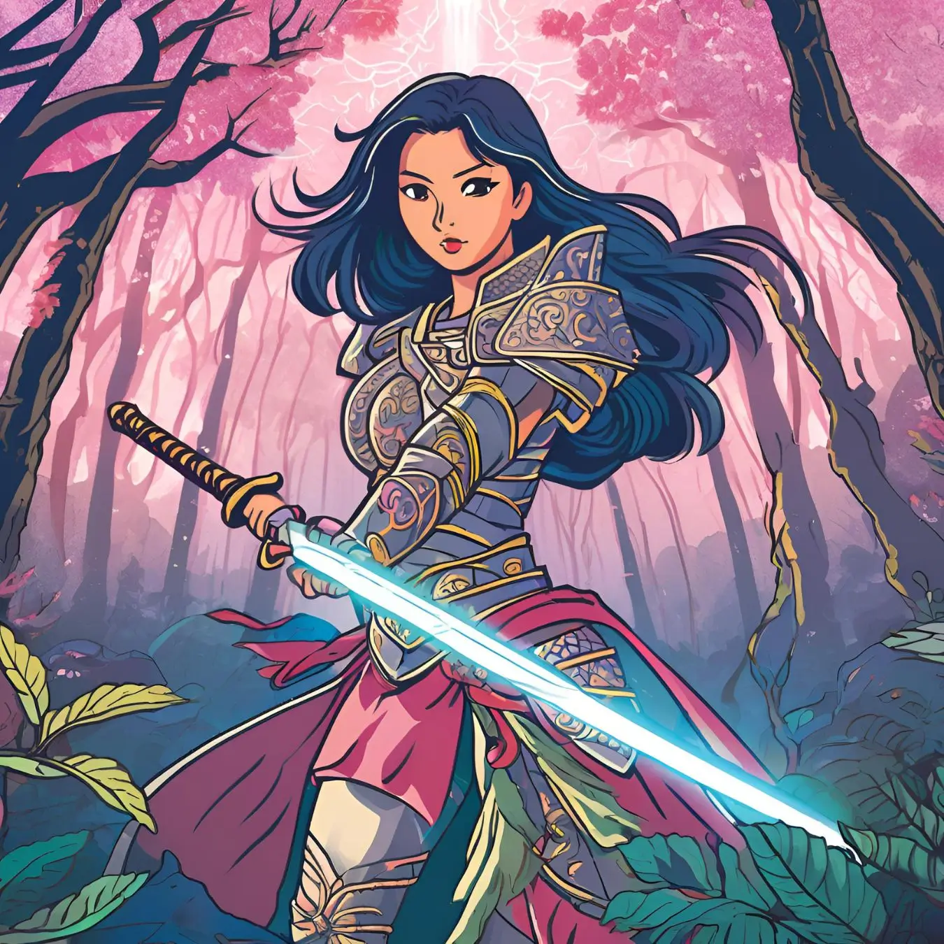 An illustration of a woman wearing an armour and holding a sword.