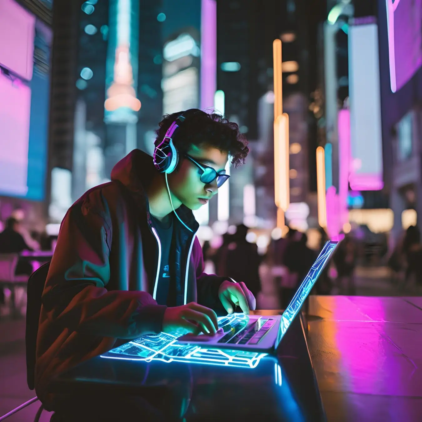 A boy working on his laptop wearing headphones.