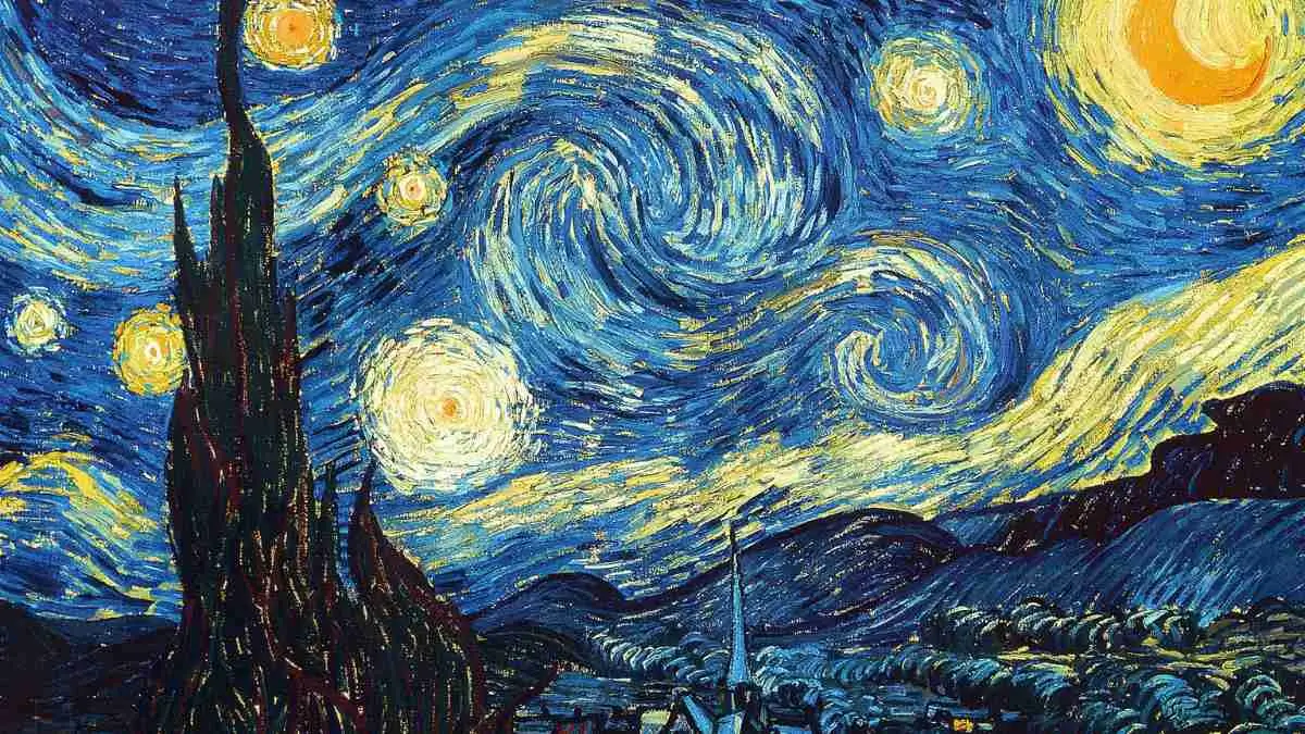 A vibrant depiction of a night sky filled with swirling stars and a glowing moon, inspired by Van Gogh's iconic style.