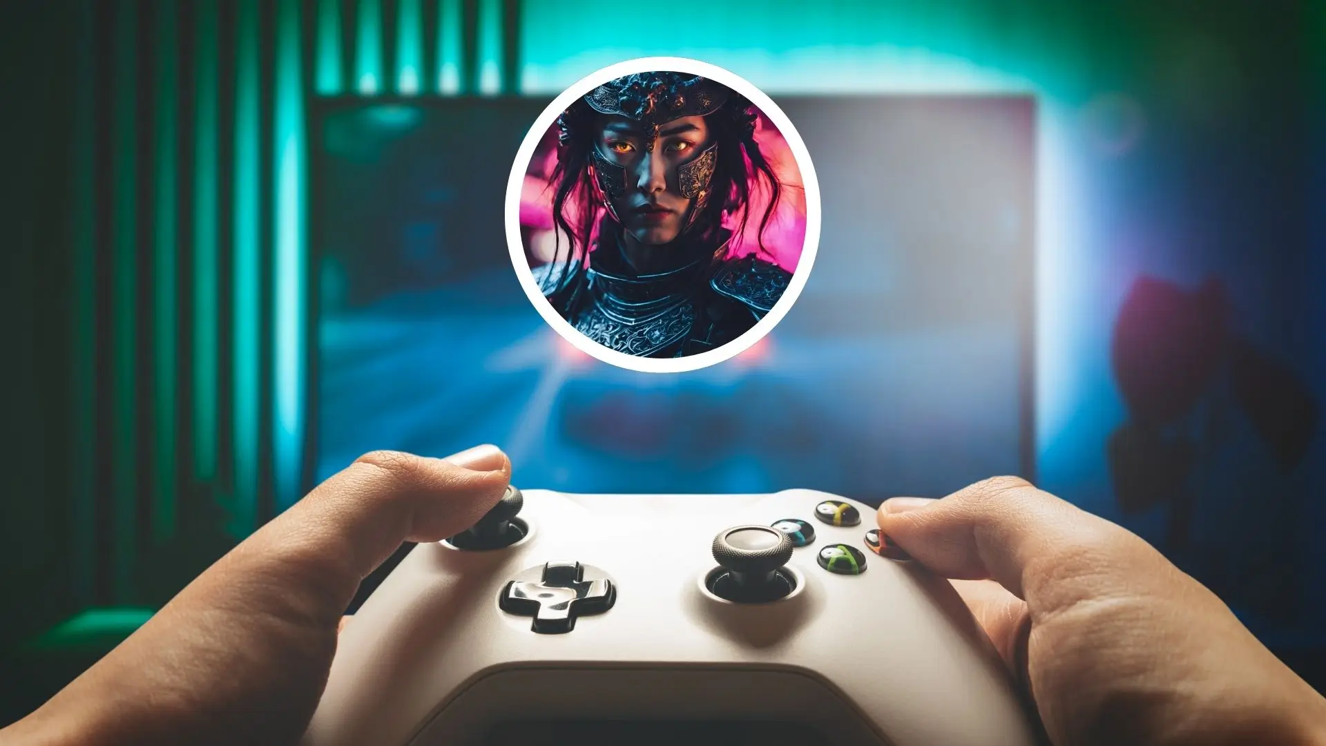 A person gripping a video game controller featuring an image of a man on its surface.