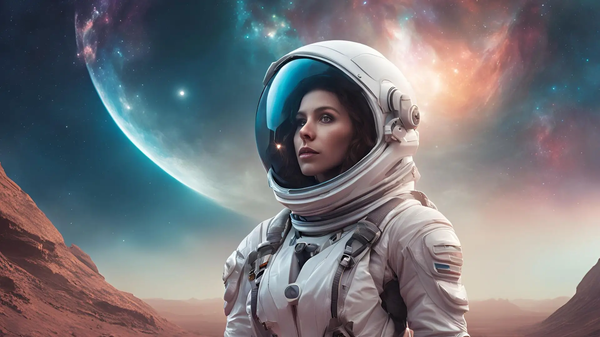 Astronaut woman in a space suit exploring the surface of Mars, surrounded by red rocks and a vast Martian landscape.