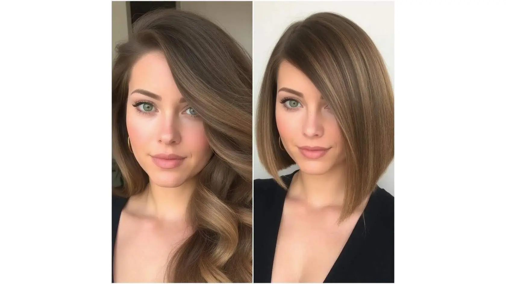 Two images of a woman showcasing different hairstyles, highlighting her versatile haircuts and personal style.