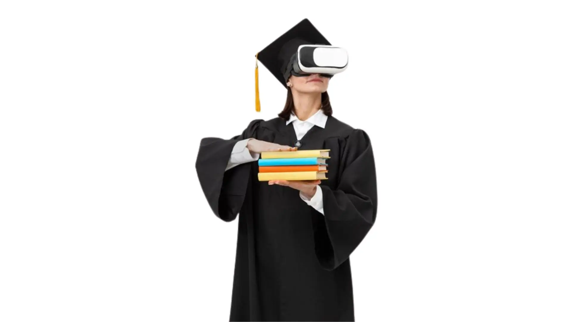 A woman in a graduation gown holds books while wearing virtual reality glasses, symbolizing the fusion of education and technology.