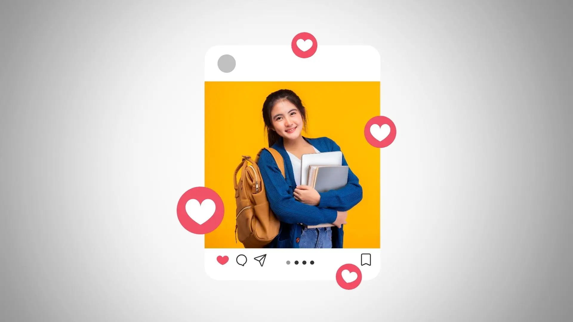 A girl joyfully holds a phone surrounded by floating hearts, symbolizing love and connection.