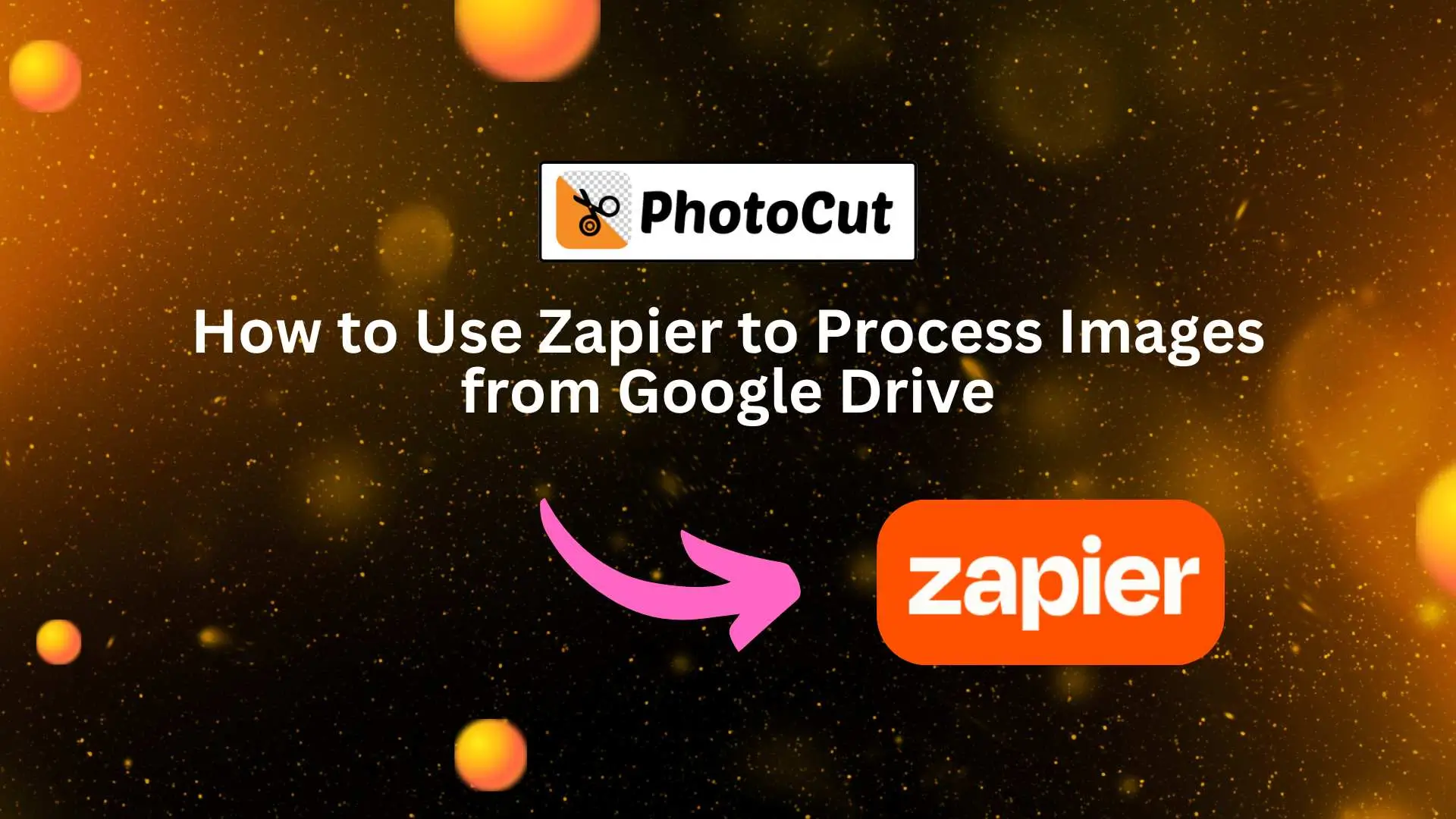 PhotoCut logo and Zapier logo with text: "How to Use Zapier to Process Images from Google Drive" on a glowing background.