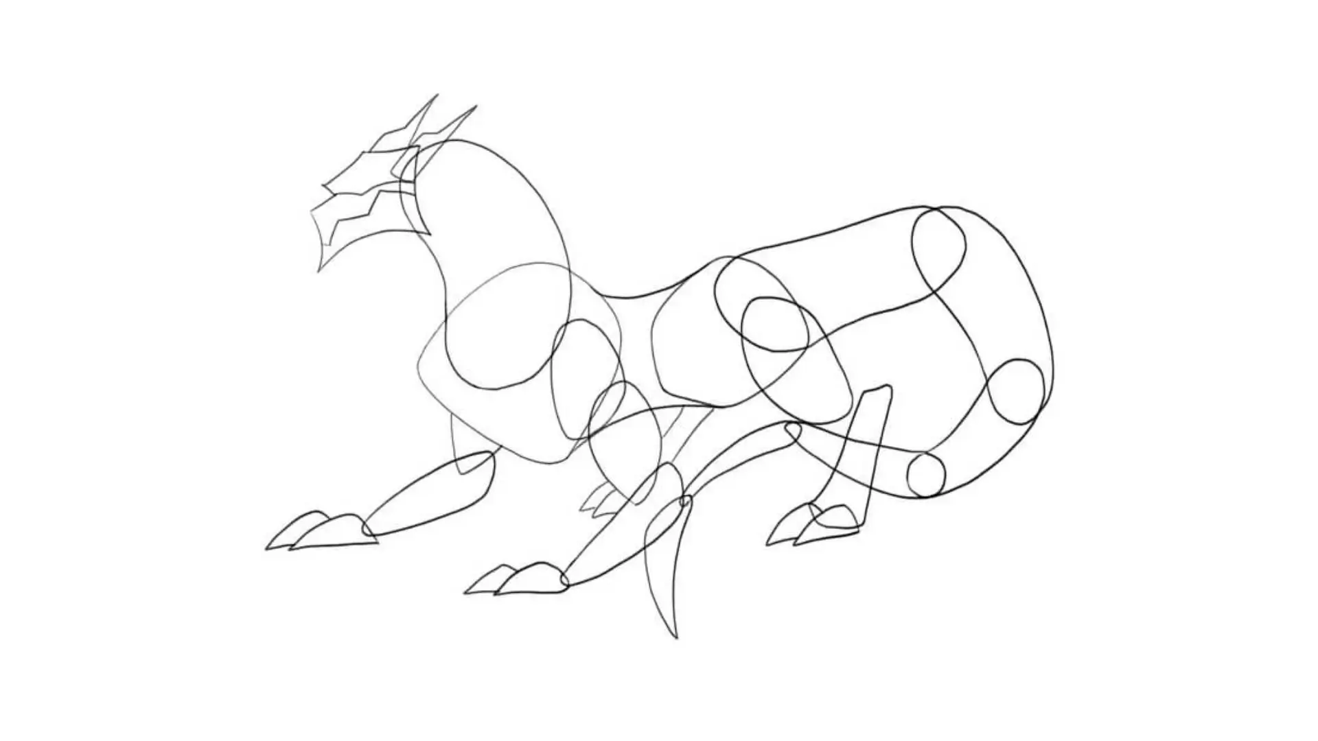 A detailed drawing of a dragon featuring an elongated tail, showcasing its majestic form and intricate scales.