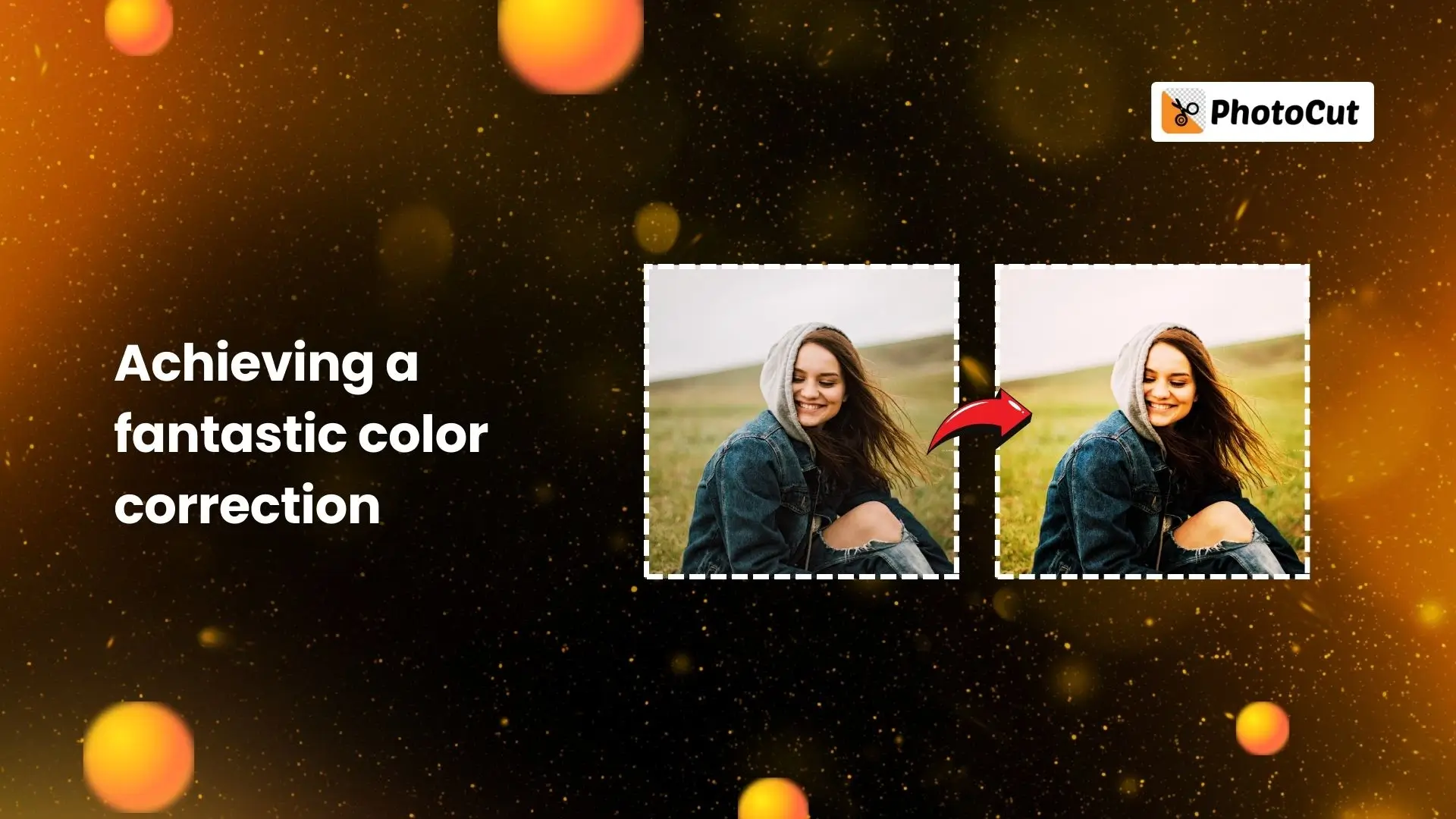 A smiling woman with the text "Achieving a Fantastic Color Correction" displayed prominently beside her.