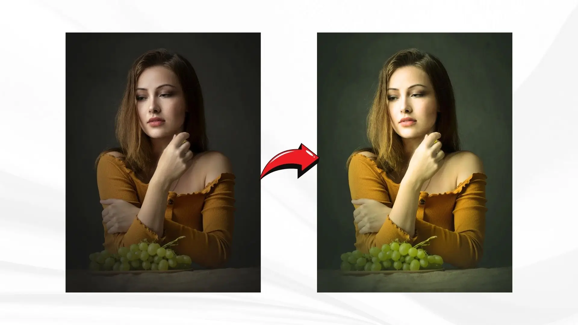 A woman sitting with grapes on her lap, mirrored by the same image on the left side of the frame.