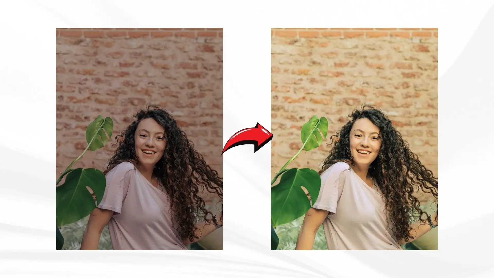 A woman with long hair stands beside a photo of a vibrant green plant, showcasing a connection to nature.