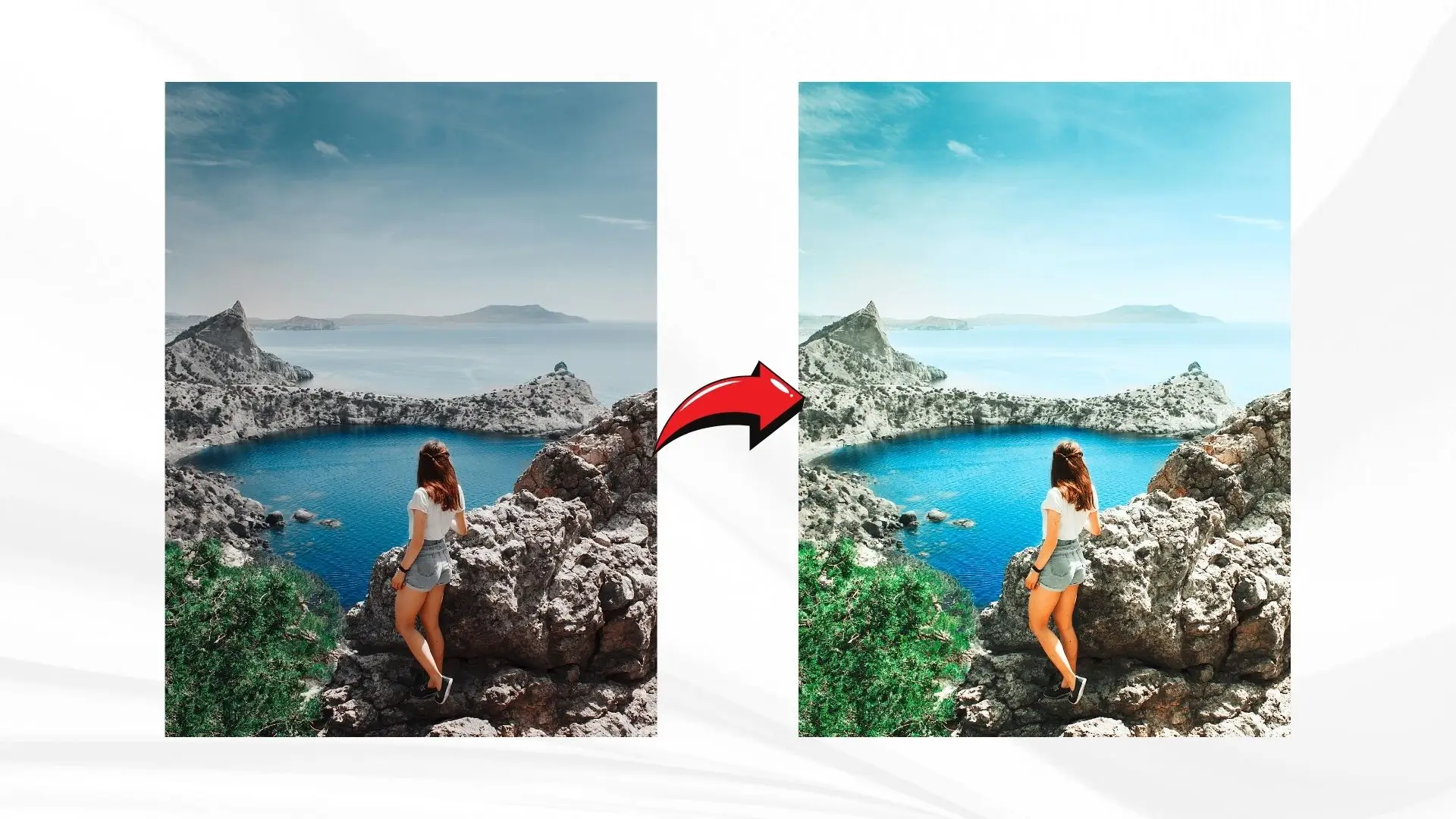 A woman stands on a rock, gazing thoughtfully at the vast ocean in two captured moments.