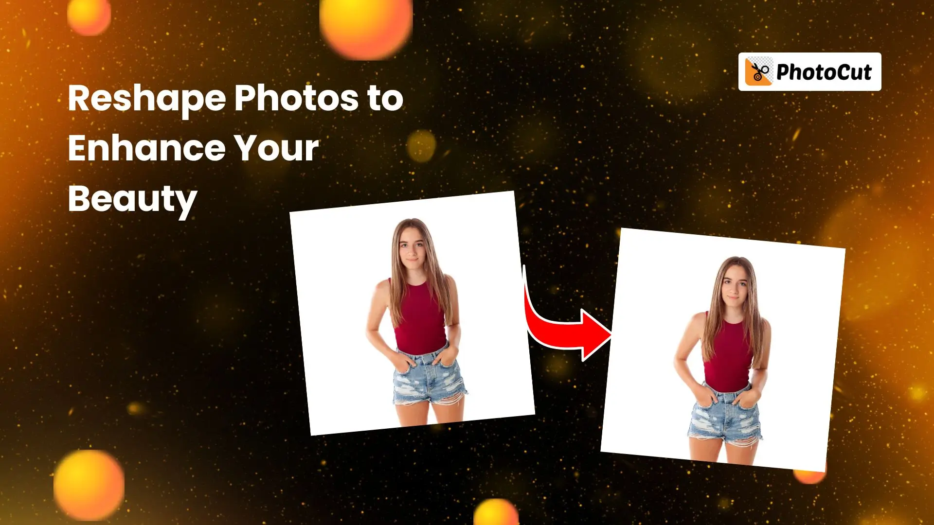 A woman centered in the image, surrounded by the text "reshape photos to enhance your beauty."