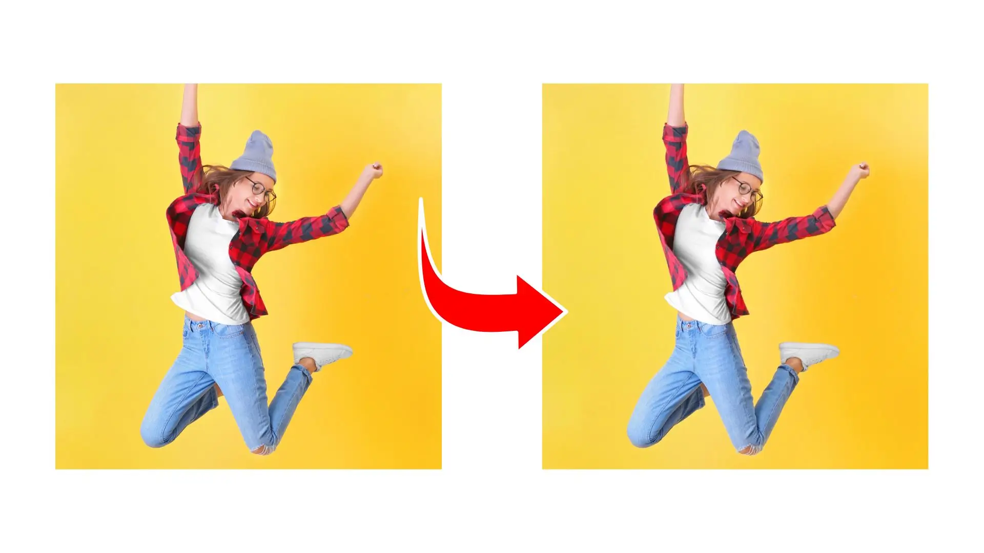 A woman joyfully jumps in the air, captured in two dynamic images showcasing her energy and enthusiasm.